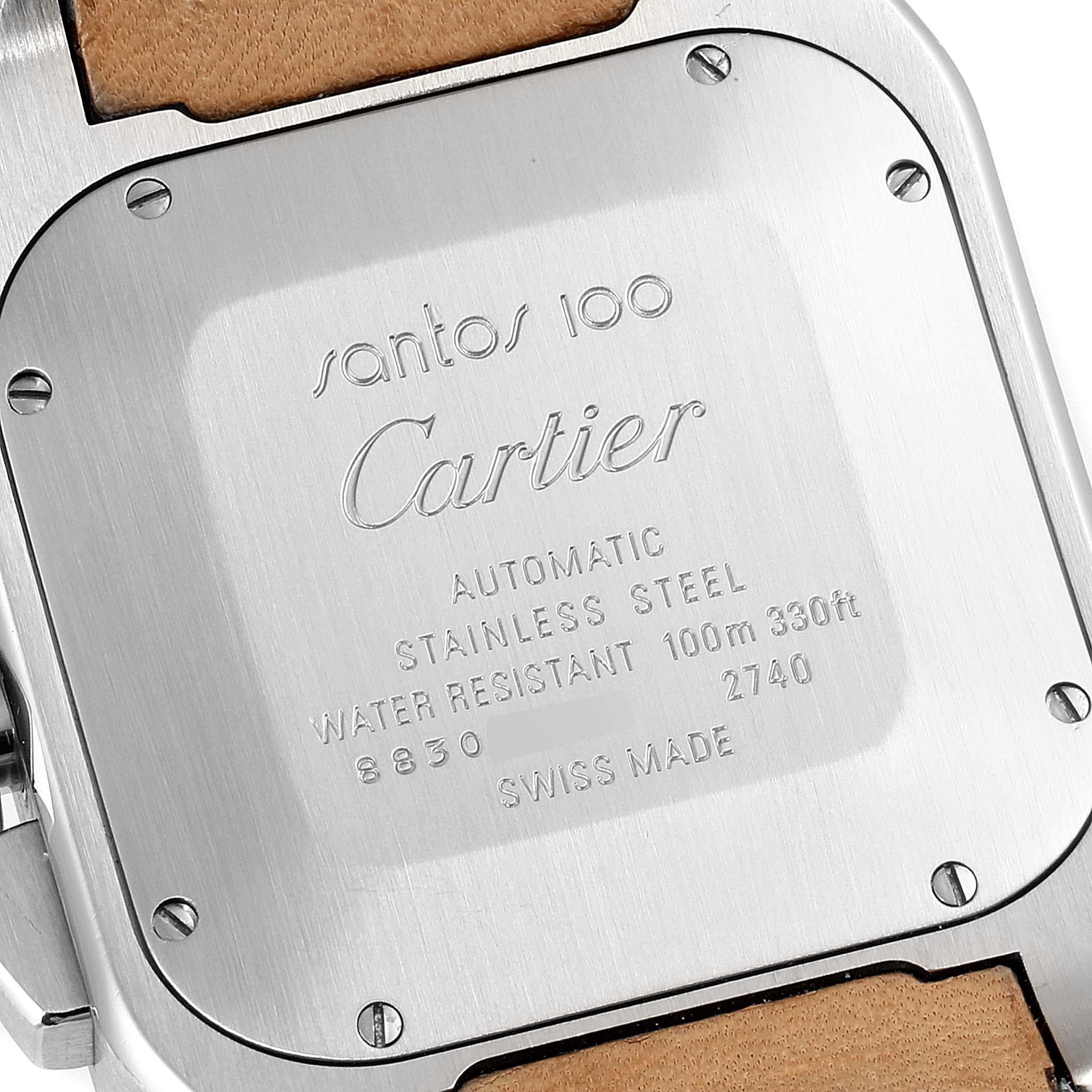 This image shows the stainless steel case back of a Cartier Santos W20090X8 Men
s Stainless Steel Silver Dial W20090X8 Men
s Stainless Steel Silver Dial 100 watch.