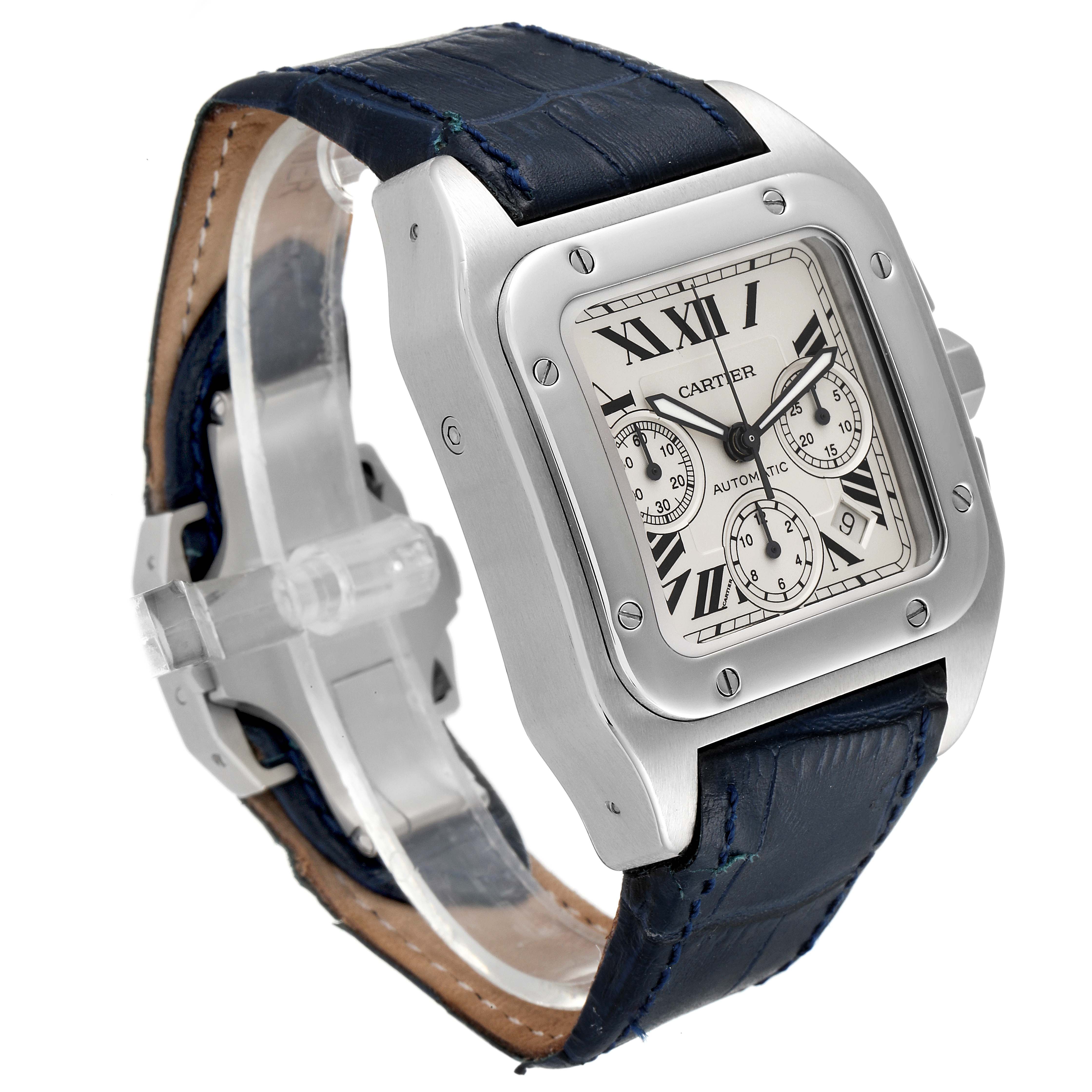 The image shows an angled view of a Cartier Santos W20090X8 Men
s Stainless Steel Silver Dial W20090X8 Men
s Stainless Steel Silver Dial watch, highlighting its face, bezel, and blue leather strap.