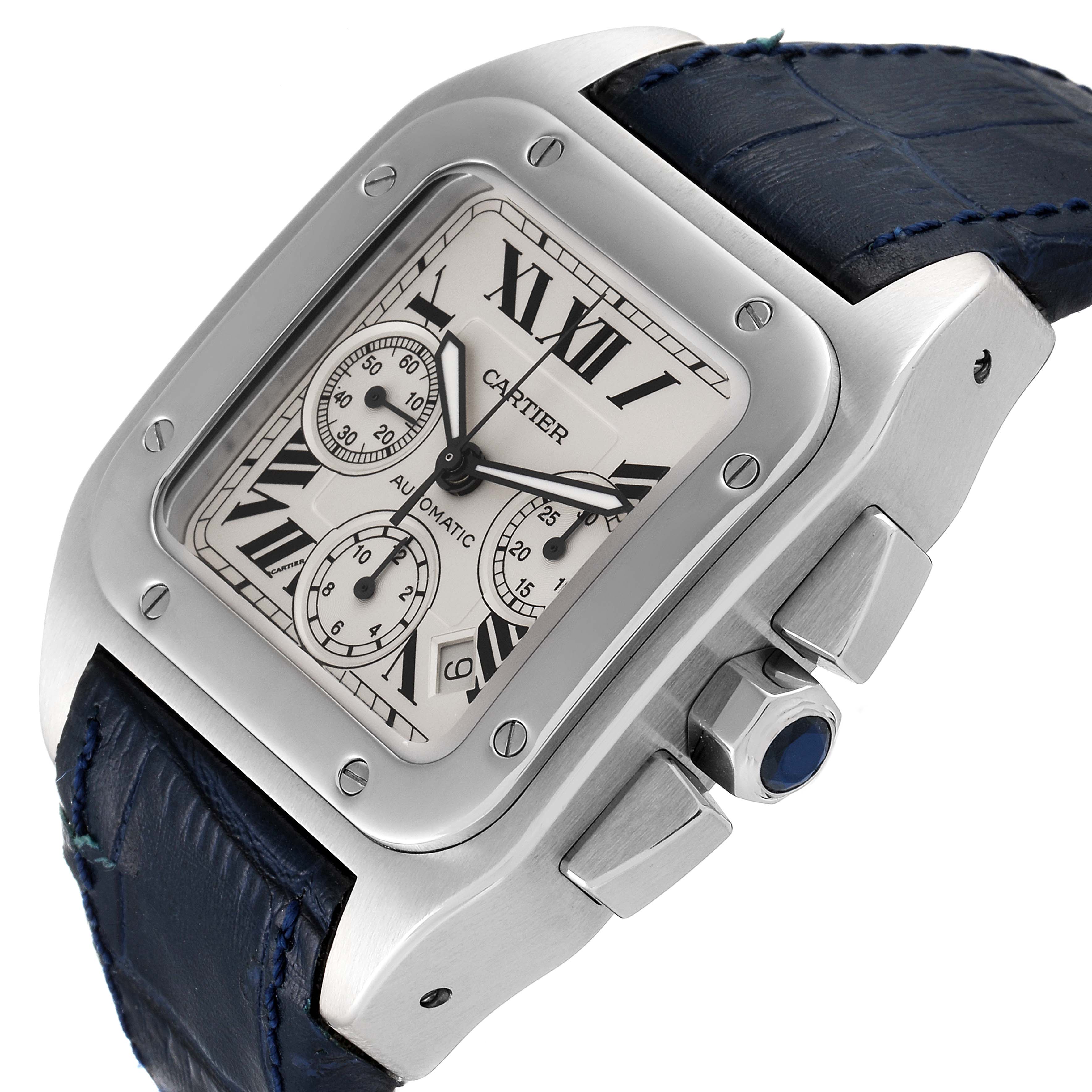 The image shows a close-up, angled view of the Cartier Santos W20090X8 Men
s Stainless Steel Silver Dial W20090X8 Men
s Stainless Steel Silver Dial model watch, featuring its face, bezel, crown, and part of the strap.