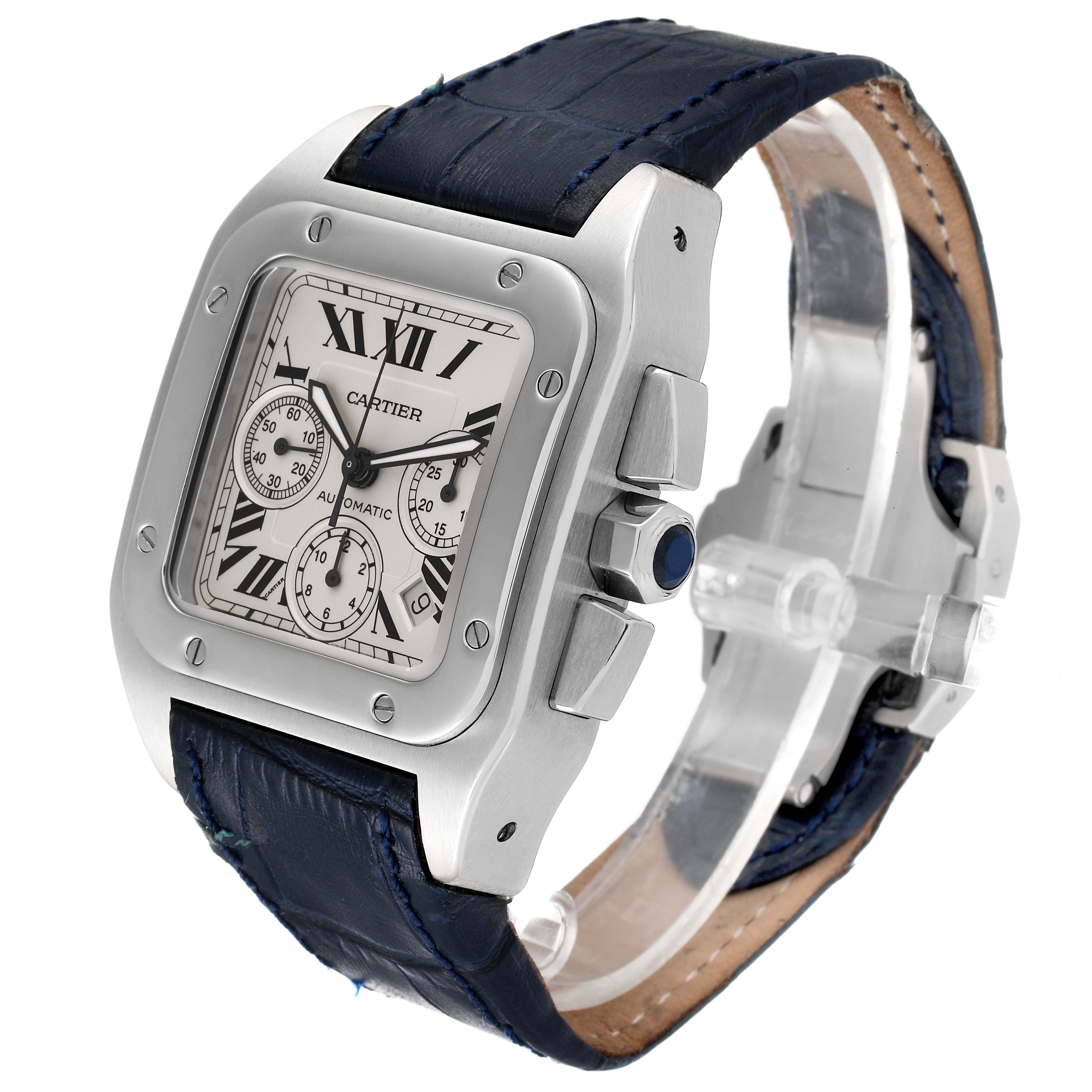 The image shows a side angle of a Cartier Santos W20090X8 Men
s Stainless Steel Silver Dial W20090X8 Men
s Stainless Steel Silver Dial watch displaying its face, bezel, strap, and crown.