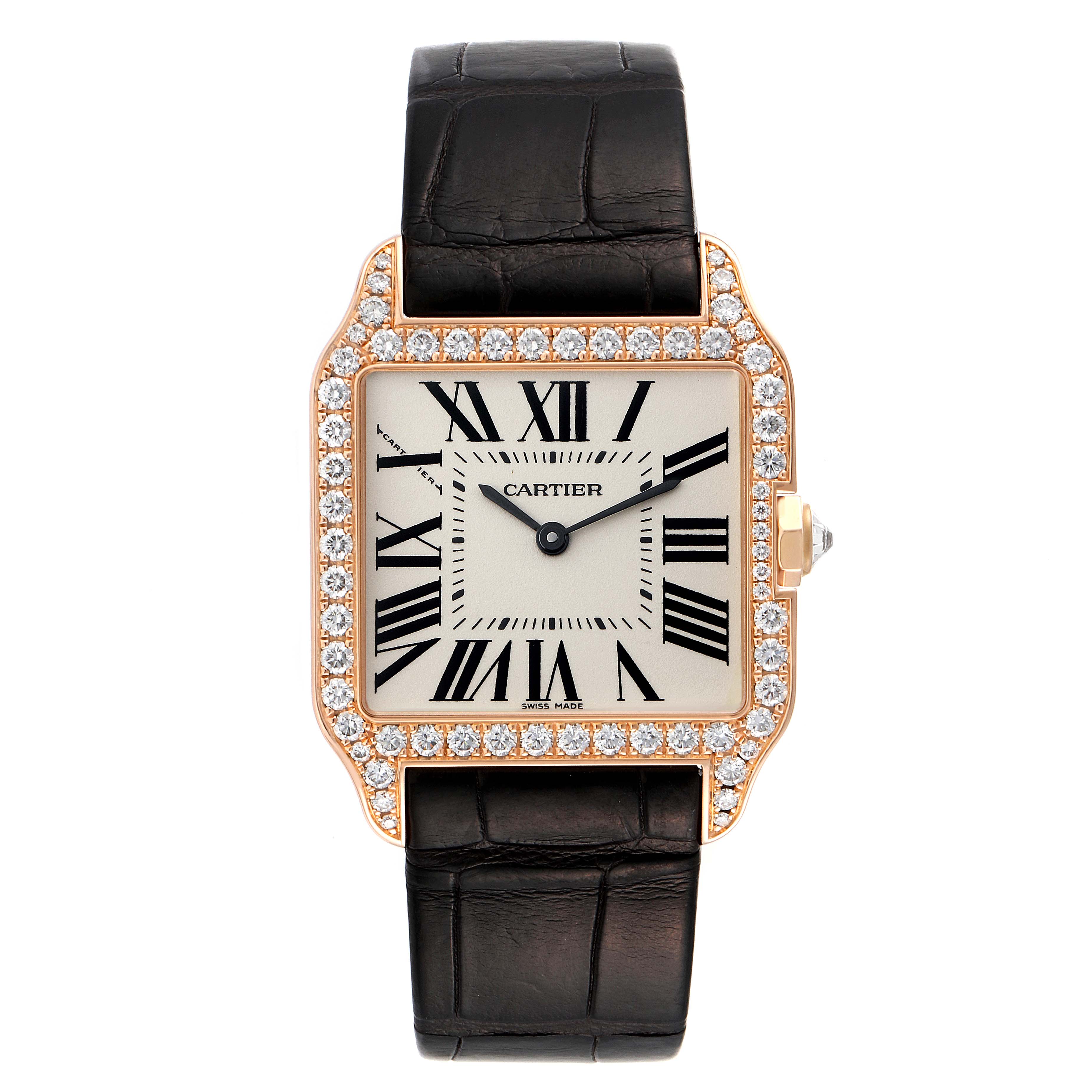 This image shows a front view of the Cartier Santos Dumont WH100351 Men's Rose Gold Silver Dial WH100351 Men's Rose Gold Silver Dial watch, displaying the face, bezel, crown, and strap.