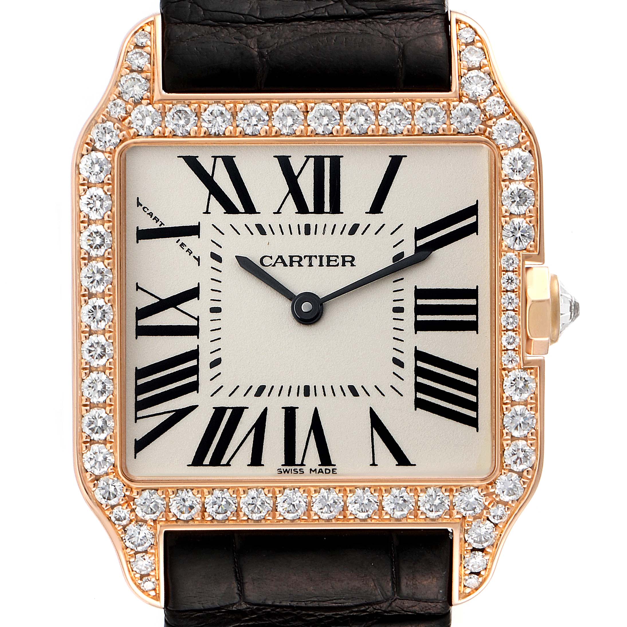 The image shows a close-up of the Cartier Santos Dumont WH100351 Men's Rose Gold Silver Dial WH100351 Men's Rose Gold Silver Dial watch face, bezel adorned with diamonds, and part of the leather strap.