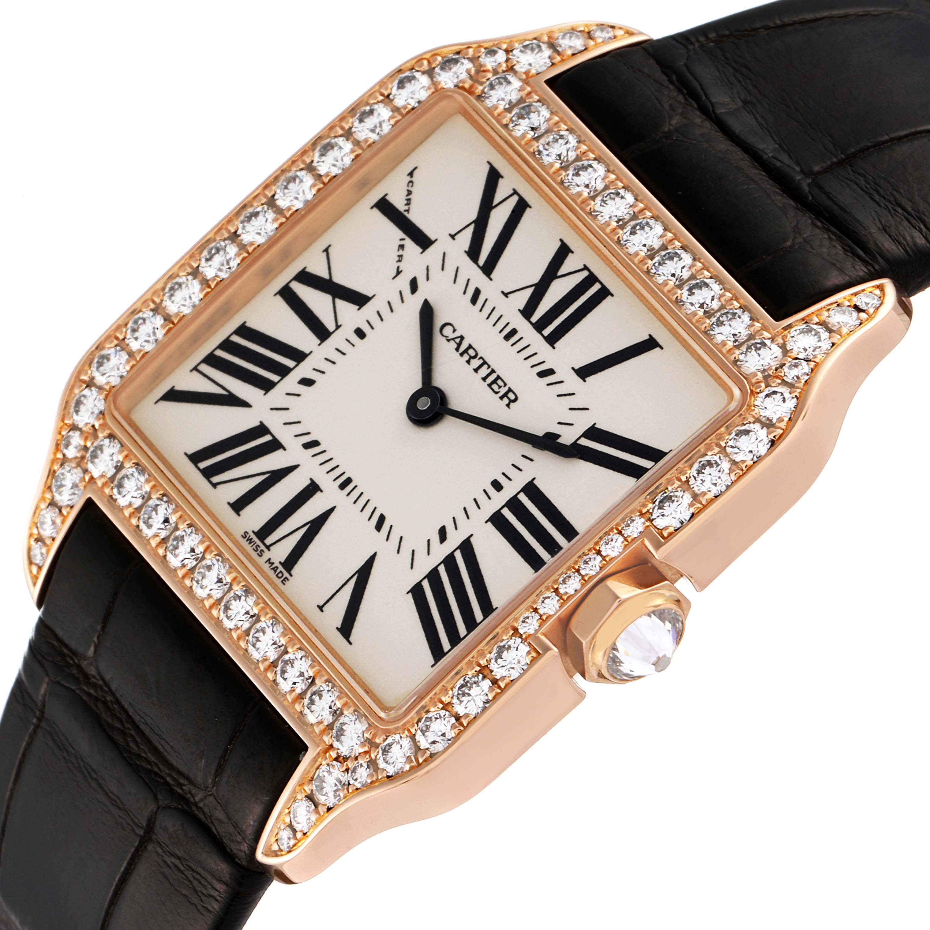 This image shows a close-up view of the Cartier Santos Dumont WH100351 Men's Rose Gold Silver Dial WH100351 Men's Rose Gold Silver Dial watch, highlighting the diamond-encrusted bezel, Roman numeral dial, and crown.