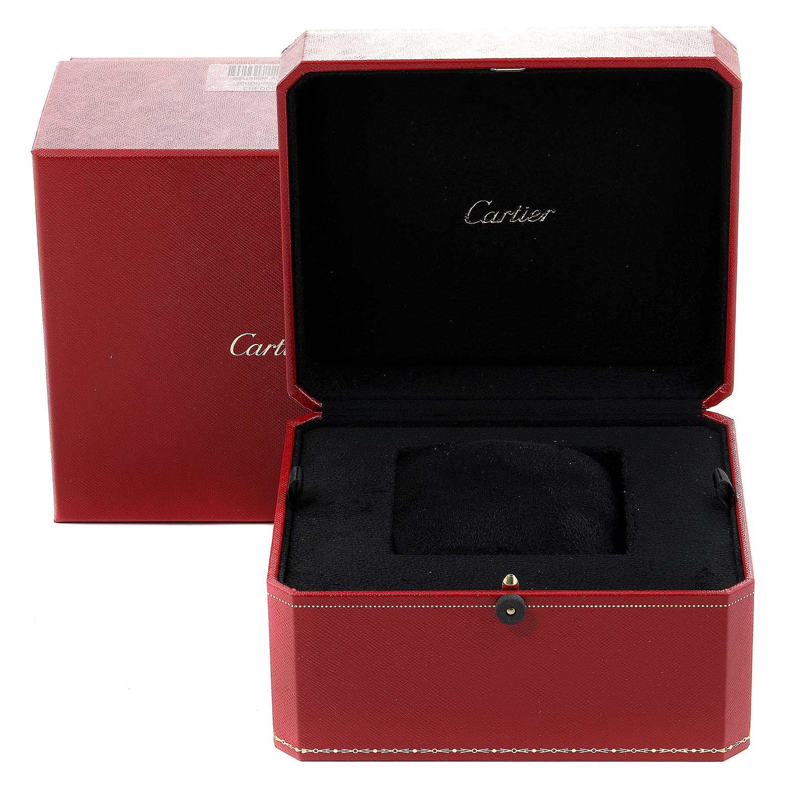 The image shows the open red box and packaging for the Tank Française model by Cartier.