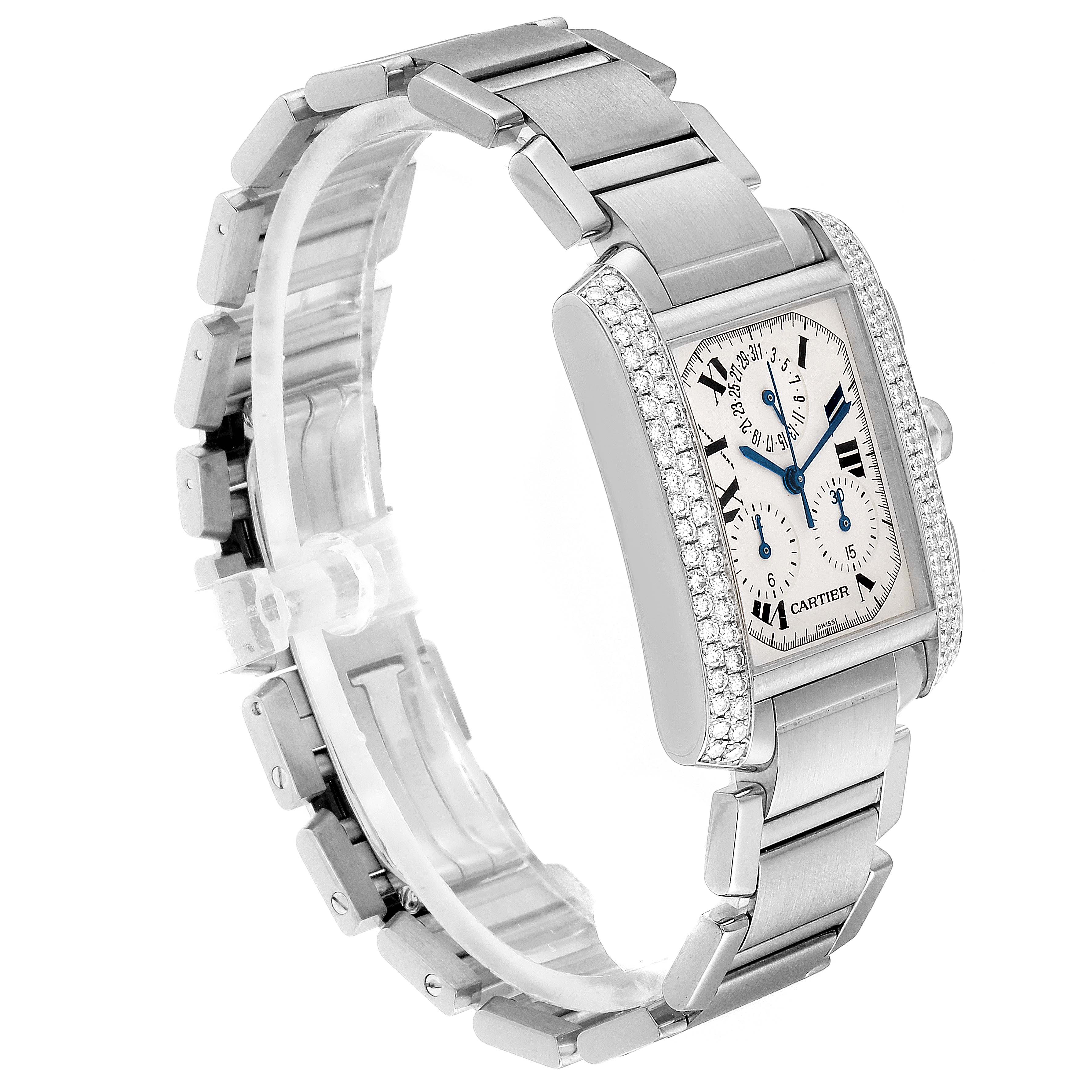 The Cartier Tank Française watch is shown at a slight angle, highlighting the face, bracelet, and diamond-studded bezel.
