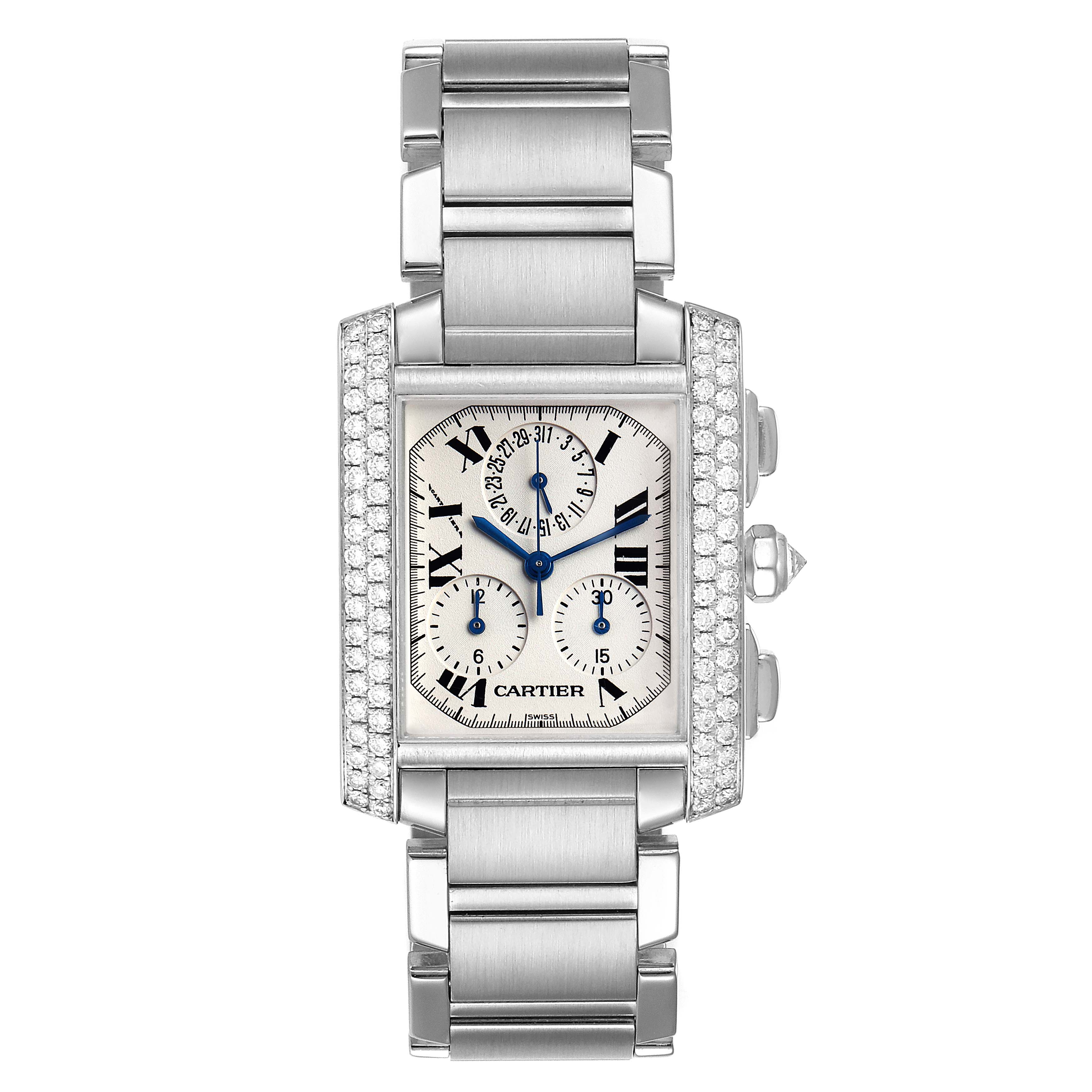 The image shows a frontal view of the Cartier Tank Francaise 2367 Men's White Gold Silver Dial 2367 Men's White Gold Silver Dial watch, featuring a metal bracelet and a diamond-encrusted rectangular case.