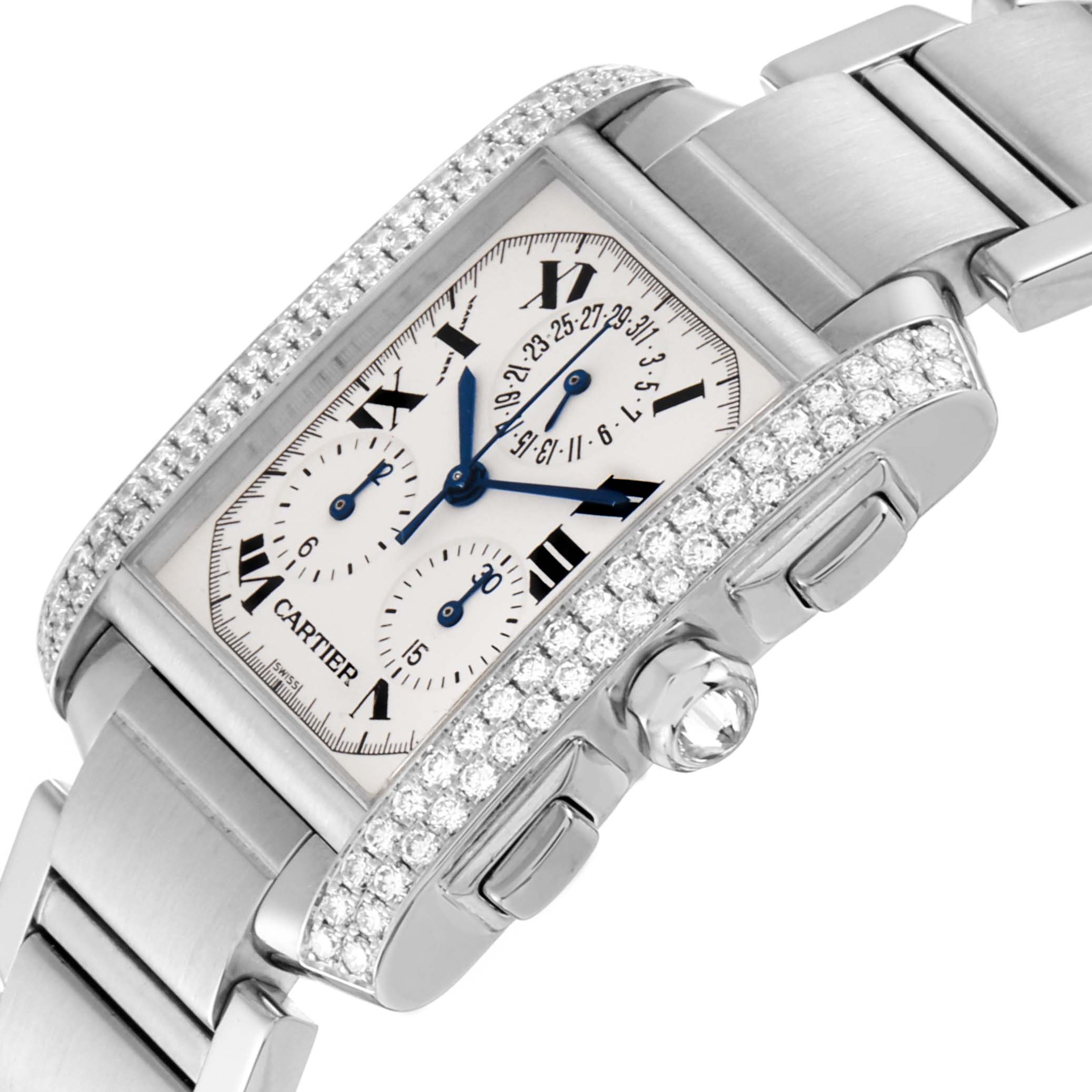 The Cartier Tank Francaise 2367 Men's White Gold Silver Dial 2367 Men's White Gold Silver Dial watch is shown at a tilted angle, highlighting the diamond-studded case, dial, and part of the bracelet.