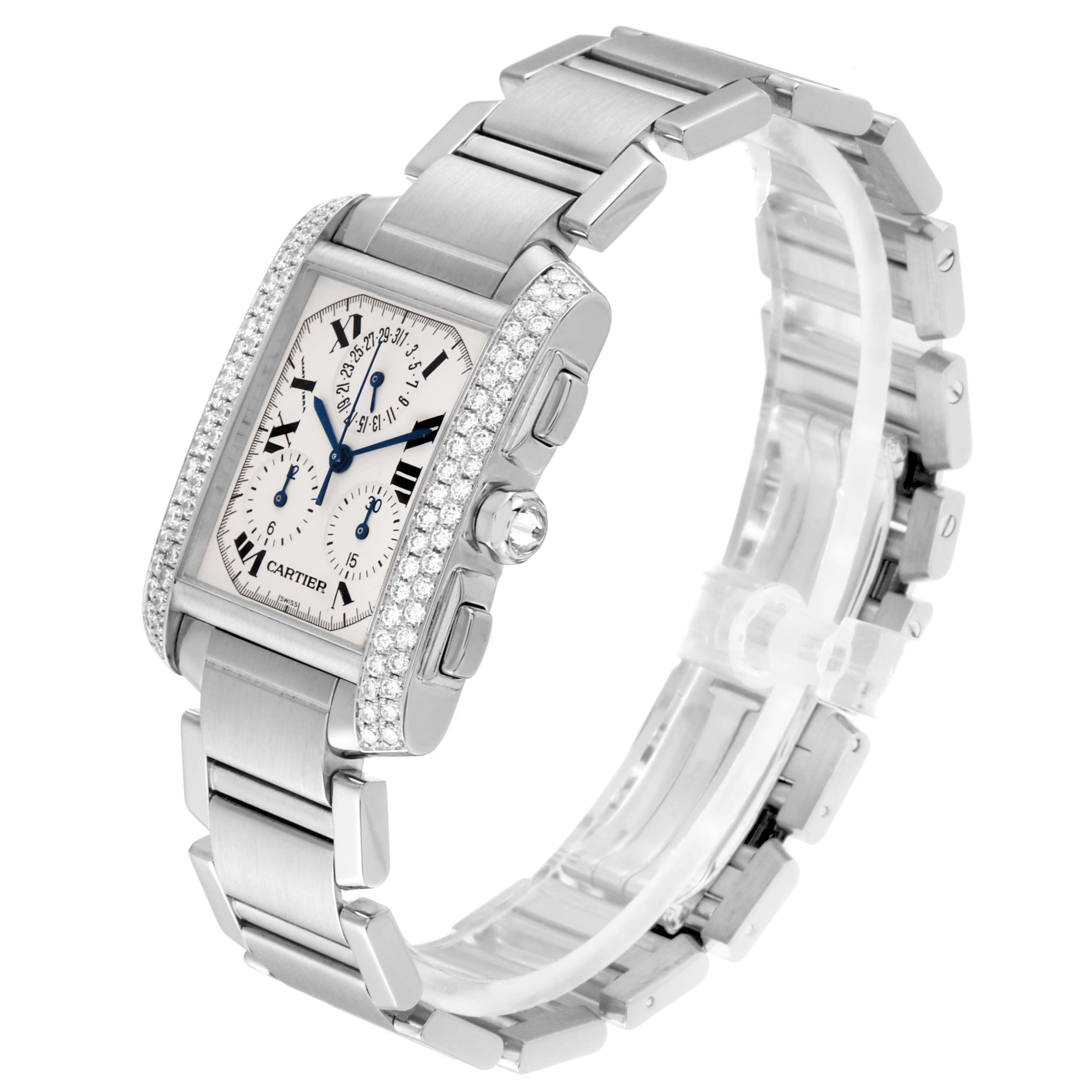 The Cartier Tank Francaise 2367 Men's White Gold Silver Dial 2367 Men's White Gold Silver Dial watch is shown at a three-quarter angle, highlighting its face, bracelet, and side buttons.