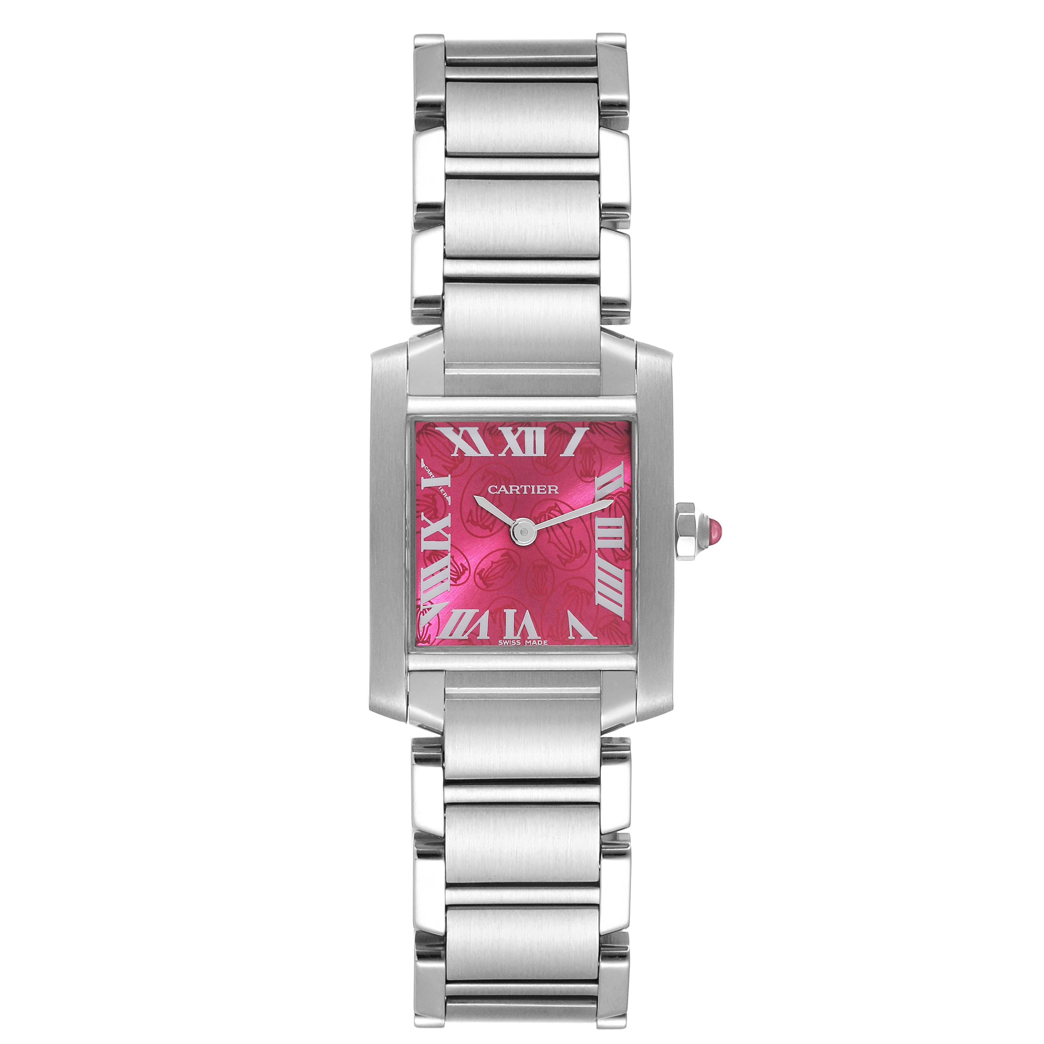 This image shows a Cartier Tank Française watch from a front angle, displaying the pink dial and stainless steel bracelet.