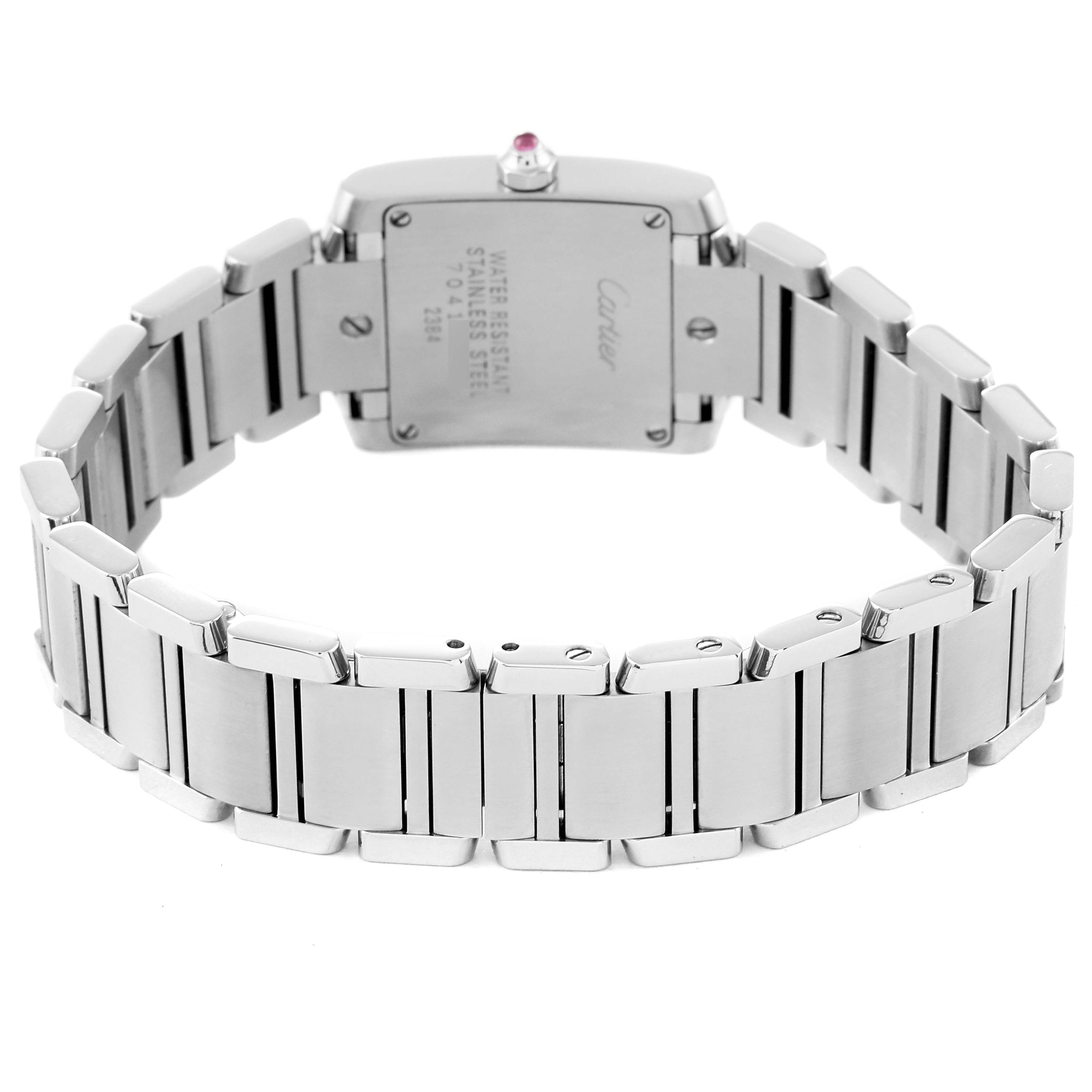 This image shows the back view of a Cartier Tank Francaise W51030Q3 Women's Stainless Steel Pink Dial W51030Q3 Women's Stainless Steel Pink Dial watch, highlighting its stainless steel case and bracelet.