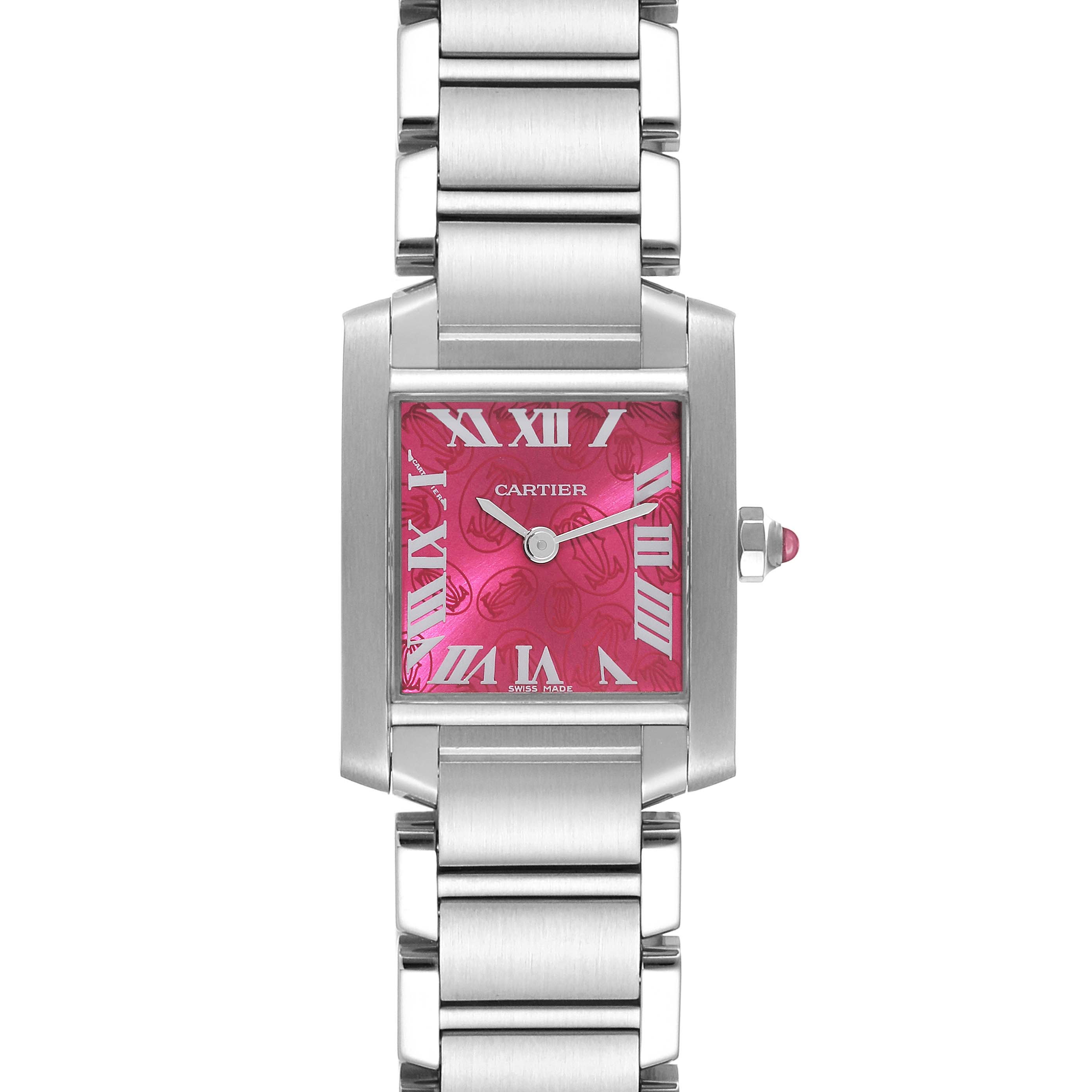 This image shows a front view of the Cartier Tank Francaise W51030Q3 Women's Stainless Steel Pink Dial W51030Q3 Women's Stainless Steel Pink Dial watch with a pink face and a silver bracelet.