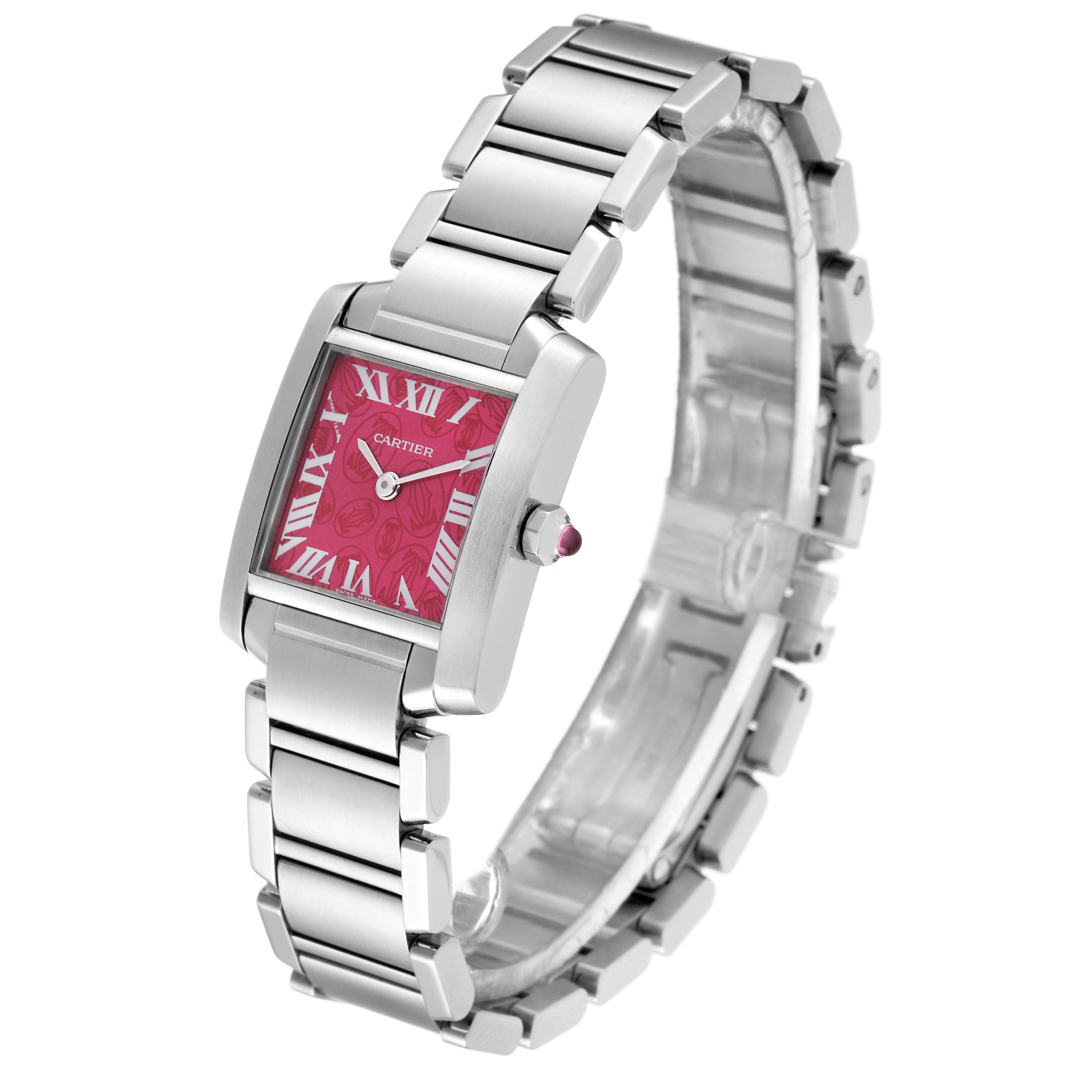 The Cartier Tank Francaise W51030Q3 Women's Stainless Steel Pink Dial W51030Q3 Women's Stainless Steel Pink Dial model watch is shown at an angle displaying the bracelet, case, dial, and crown with a pink gemstone.