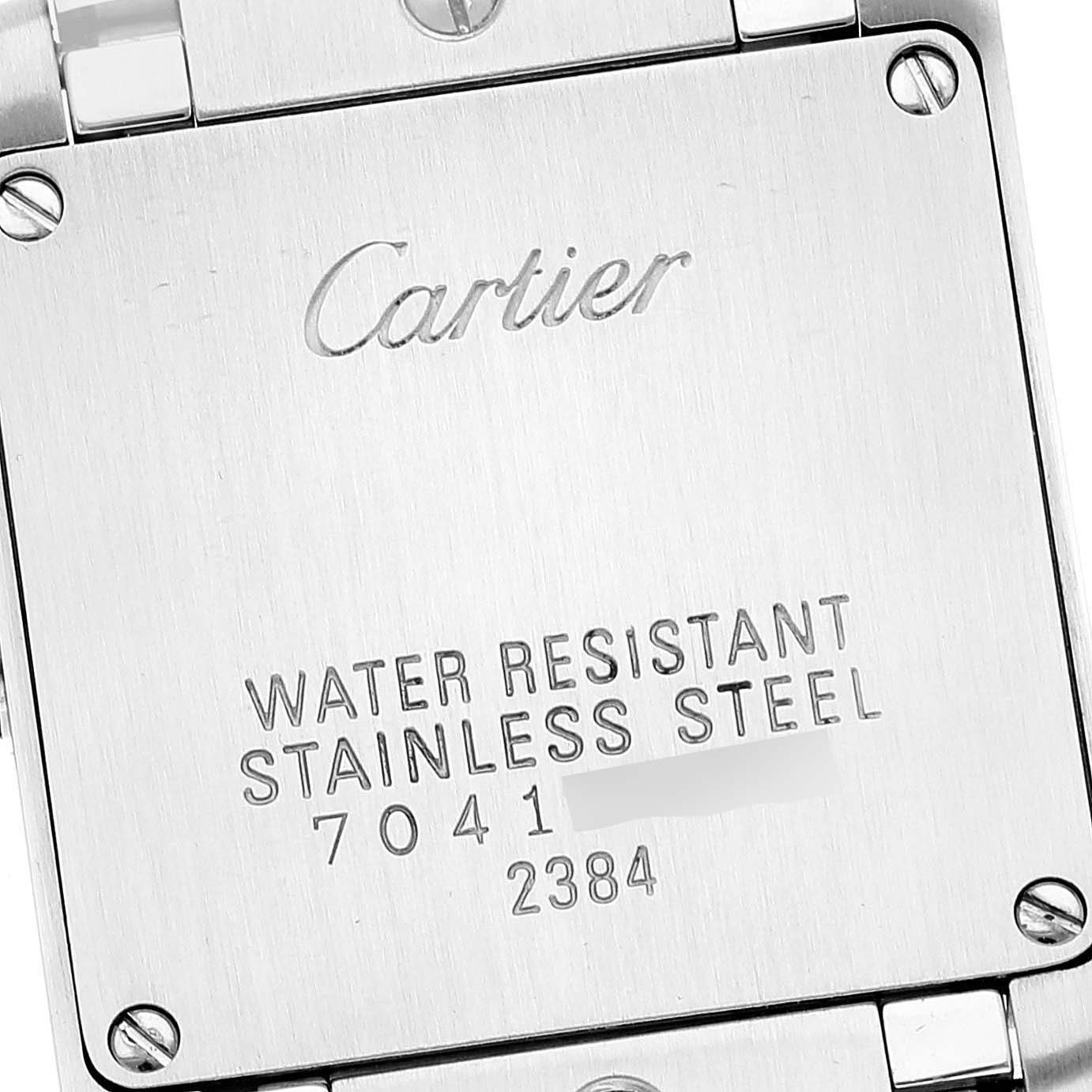 The image shows the back case of a Cartier Tank Francaise W51030Q3 Women's Stainless Steel Pink Dial W51030Q3 Women's Stainless Steel Pink Dial watch, highlighting its stainless steel composition and water resistance.