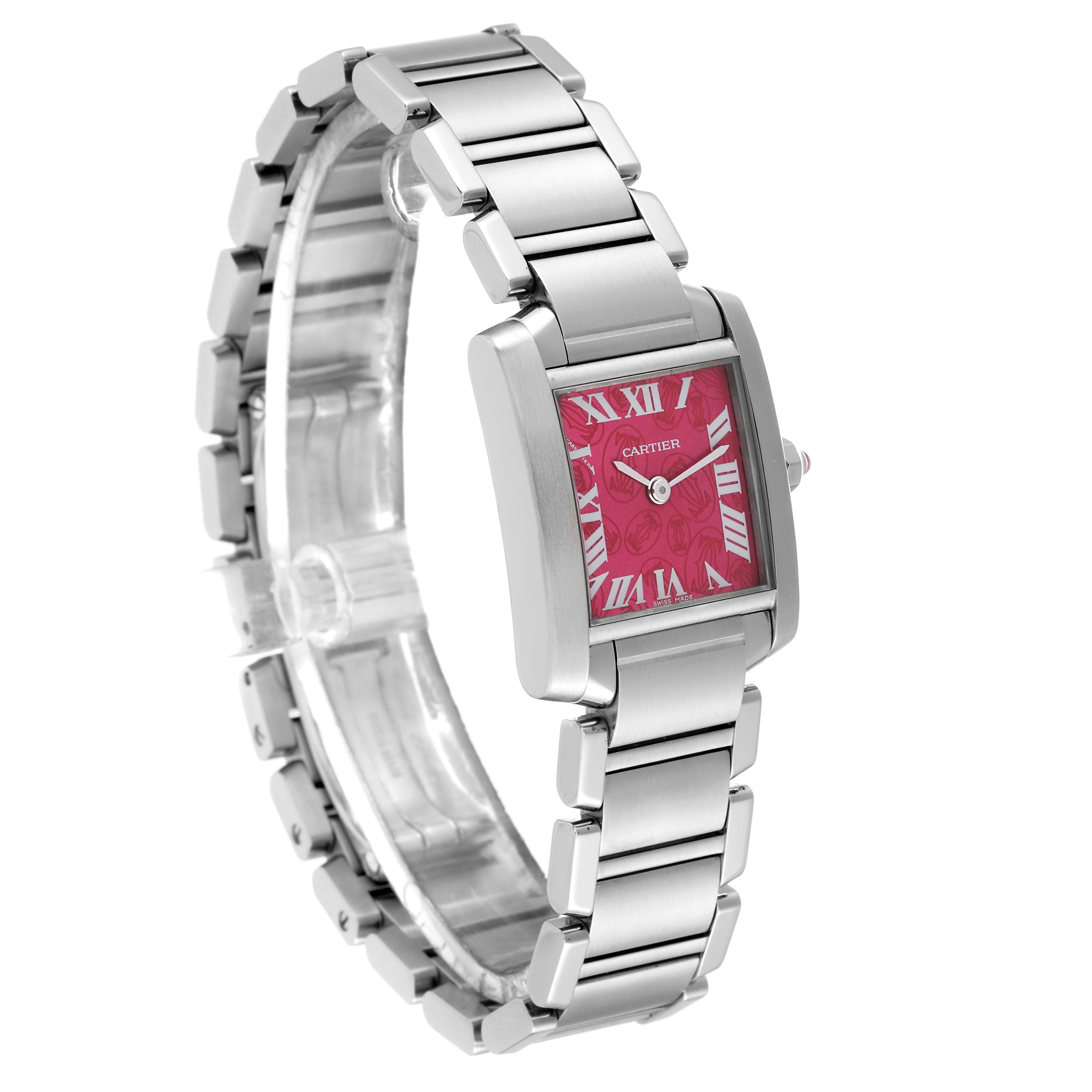 The Cartier Tank Francaise W51030Q3 Women's Stainless Steel Pink Dial W51030Q3 Women's Stainless Steel Pink Dial watch is shown from an angled perspective, highlighting its band, rectangular case, and pink dial.