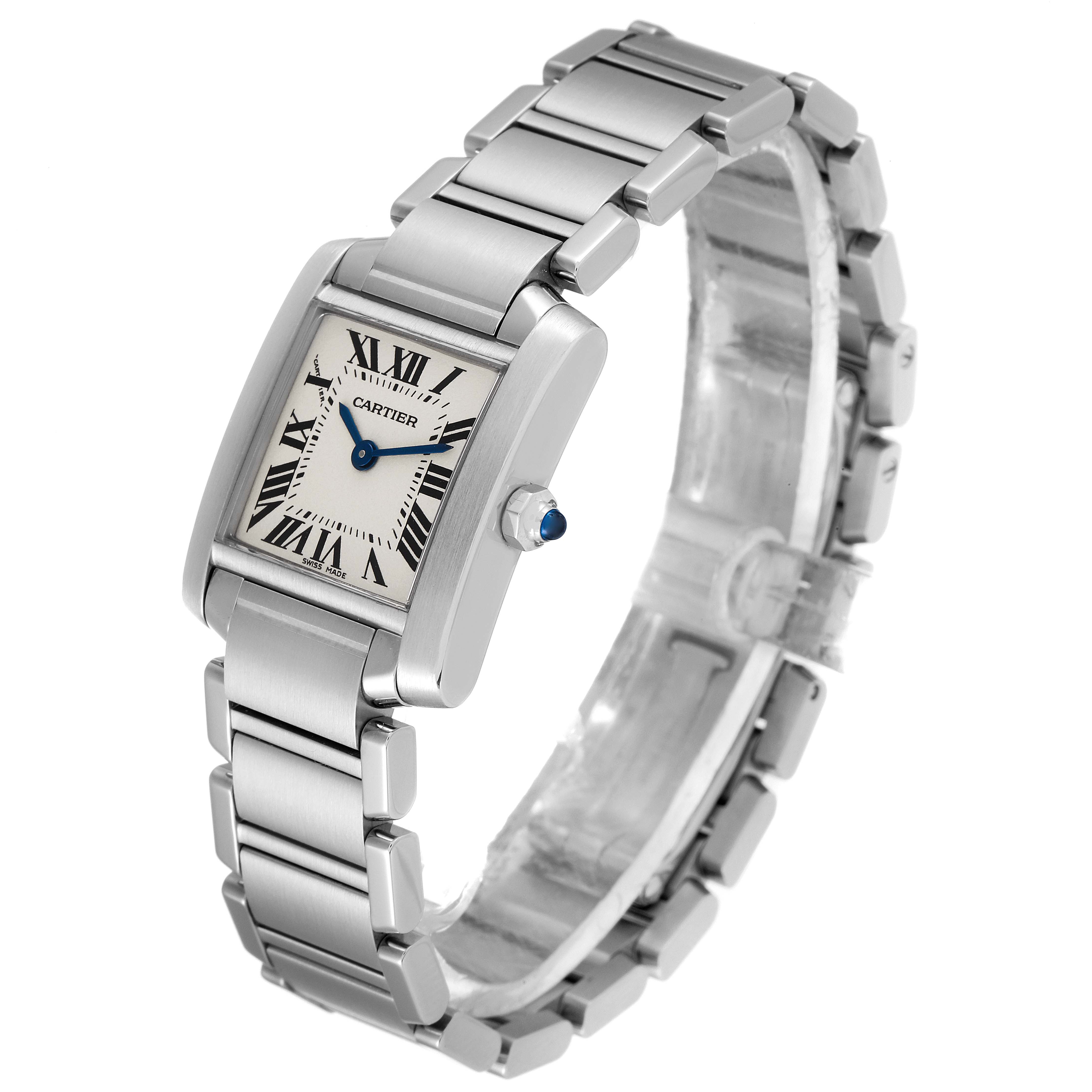 The Cartier Tank Francaise W51008Q3 Women's Stainless Steel Silver Dial W51008Q3 Women's Stainless Steel Silver Dial watch is shown at a 3/4 angle, featuring the face, bezel, crown, and metal bracelet.