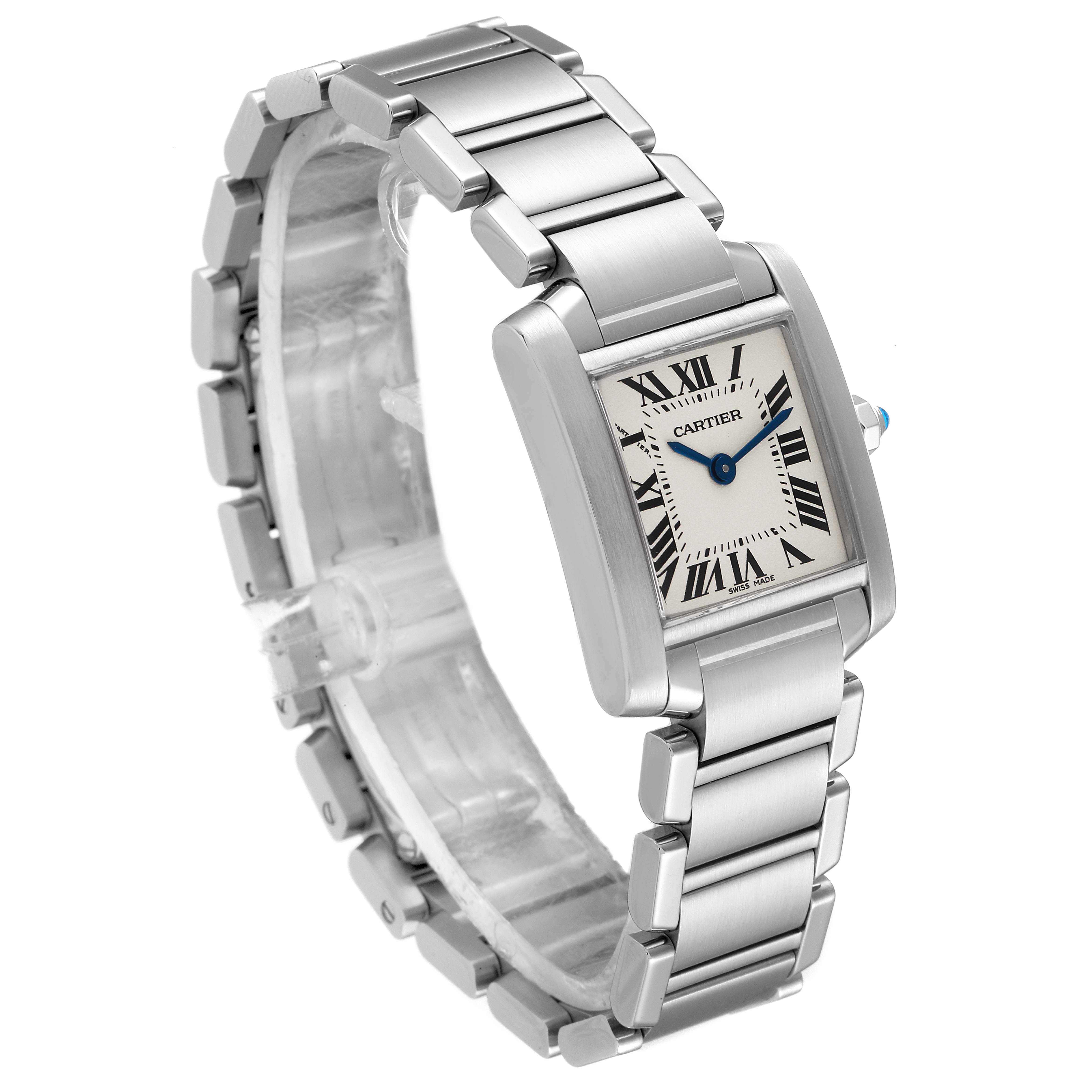 The Cartier Tank Francaise W51008Q3 Women's Stainless Steel Silver Dial W51008Q3 Women's Stainless Steel Silver Dial watch is shown angled to highlight its rectangular face, Roman numerals, and metallic bracelet.