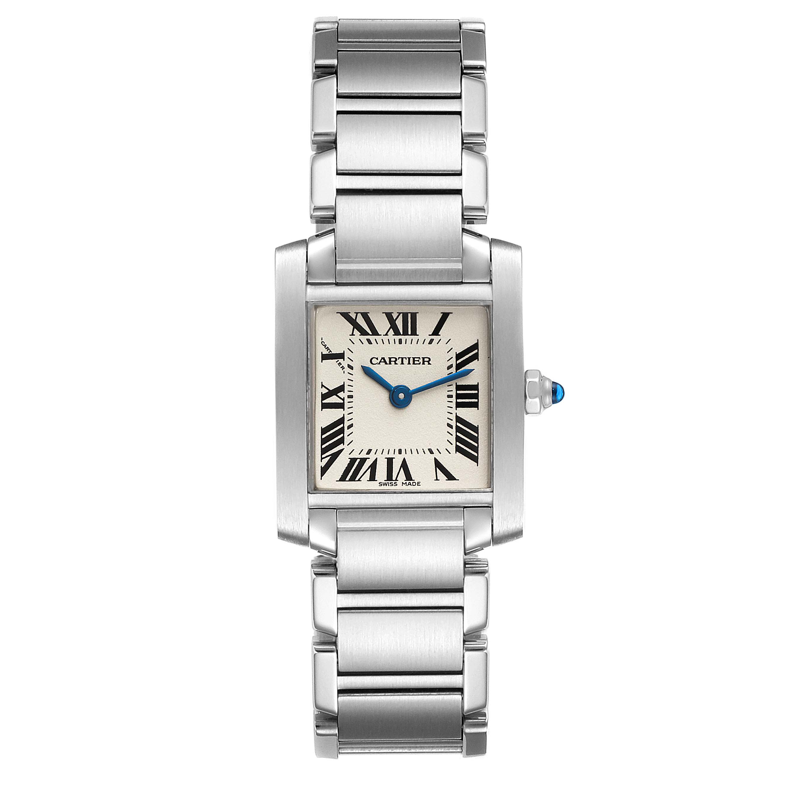 The image shows a front view of a Cartier Tank Francaise W51008Q3 Women's Stainless Steel Silver Dial W51008Q3 Women's Stainless Steel Silver Dial watch, displaying its face, bracelet, and crown.