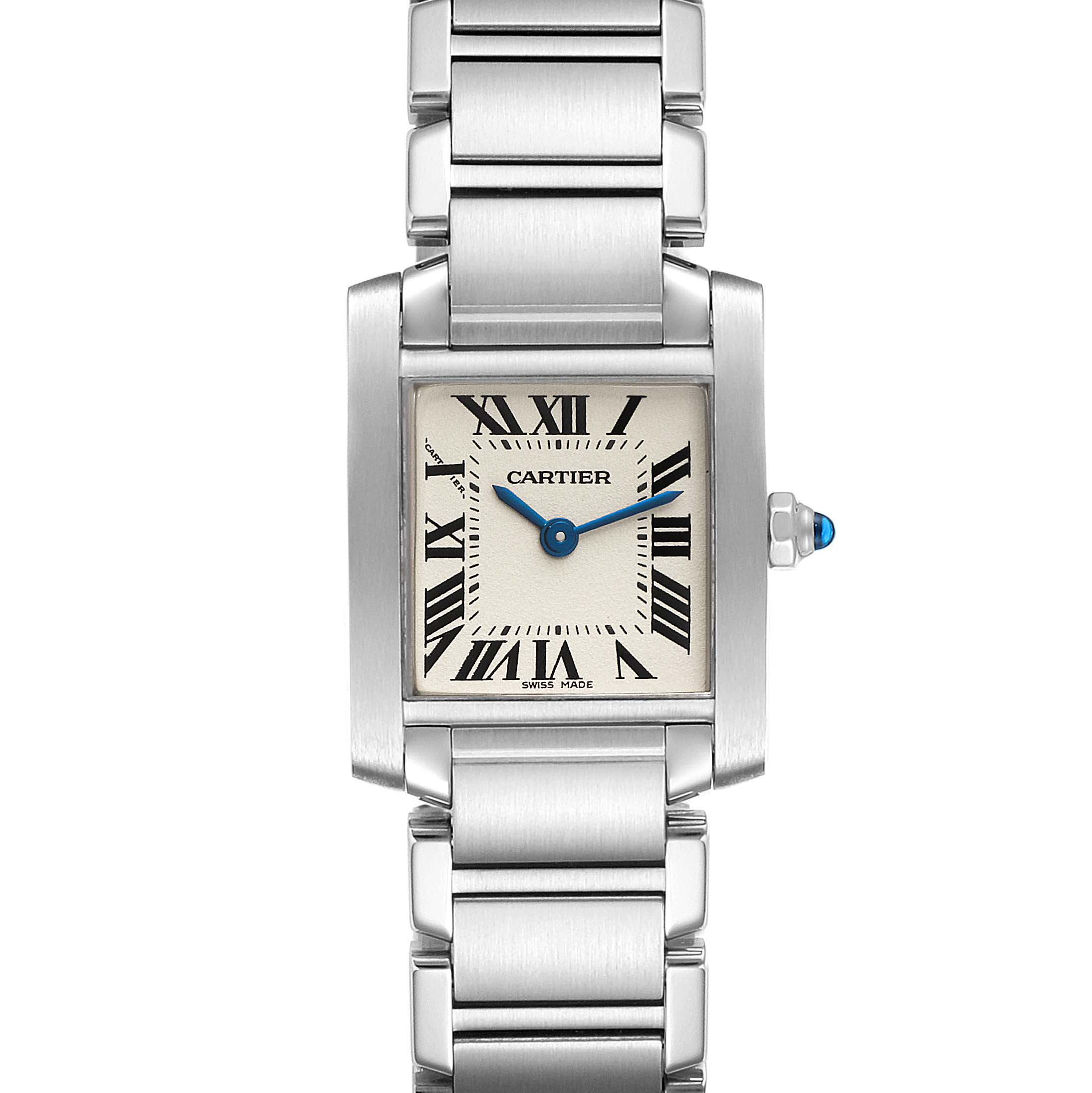 The image shows a front view of the Cartier Tank Francaise W51008Q3 Women's Stainless Steel Silver Dial W51008Q3 Women's Stainless Steel Silver Dial watch, highlighting the face, bezel, and bracelet.
