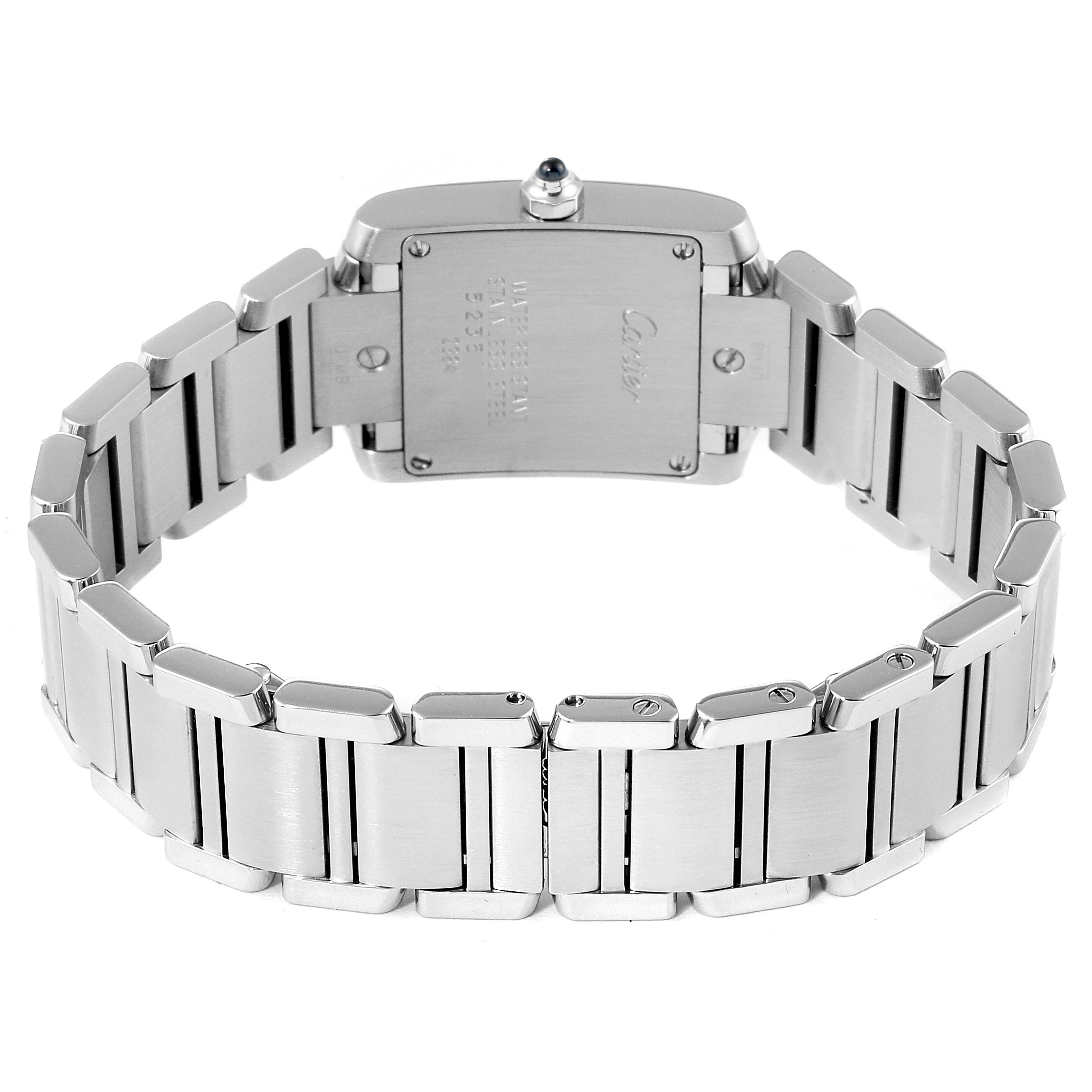 The image shows the back and bracelet of a Cartier Tank Francaise W51008Q3 Women's Stainless Steel Silver Dial W51008Q3 Women's Stainless Steel Silver Dial watch from a rear angle.