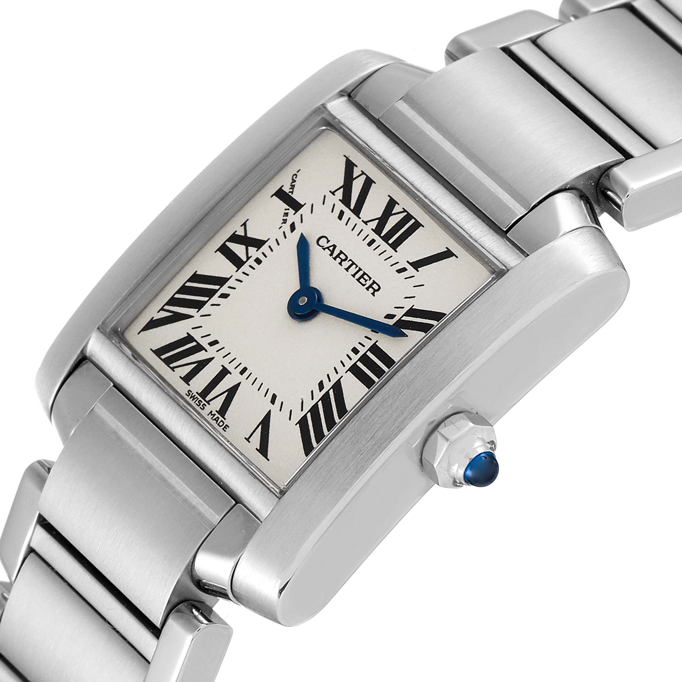 The Cartier Tank Française watch is shown from an oblique angle, highlighting the dial, case, and part of the bracelet.