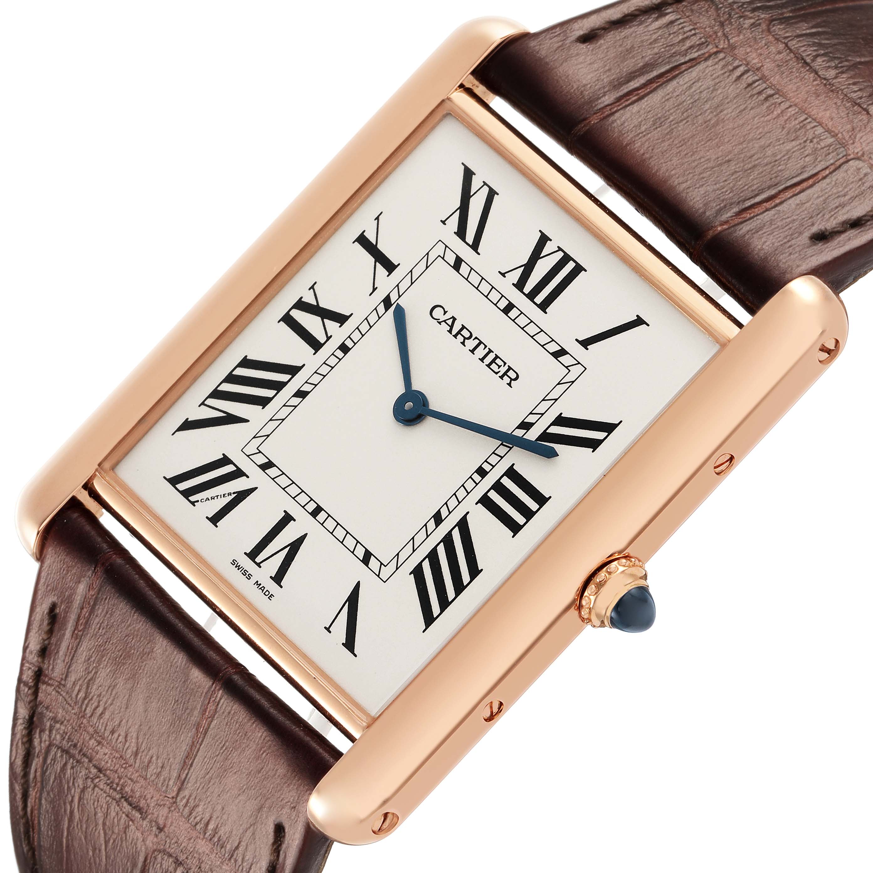 The Cartier Tank Louis W1560017 Men's Rose Gold Silver Dial watch is shown at a tilted angle, highlighting its face, Roman numerals, and brown leather strap.