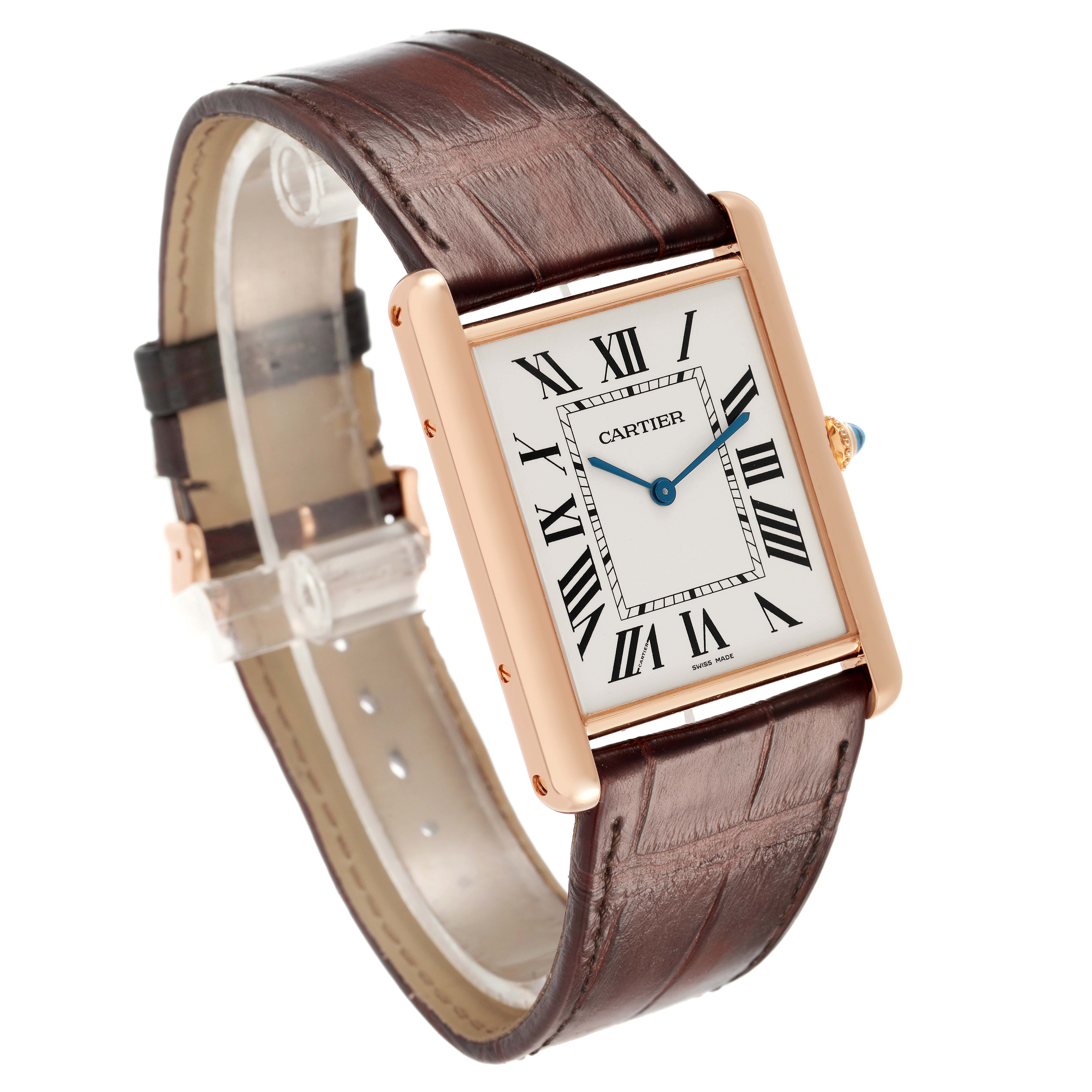 The Cartier Tank Louis W1560017 Men's Rose Gold Silver Dial watch is shown at a three-quarter angle, highlighting the face, Roman numerals, and brown leather strap.