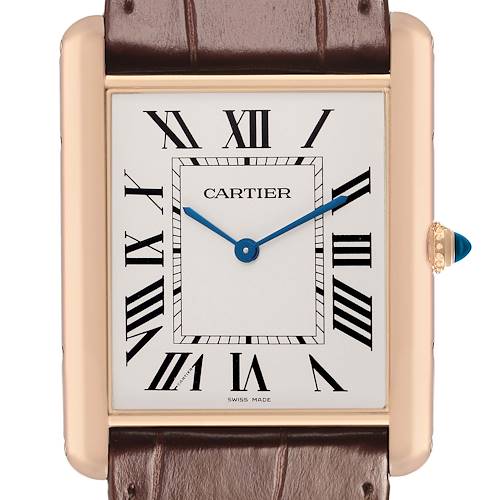 The image shows a front view of the Cartier Tank Louis W1560017 Men's Rose Gold Silver Dial watch, highlighting the dial, case, crown, and part of the strap.