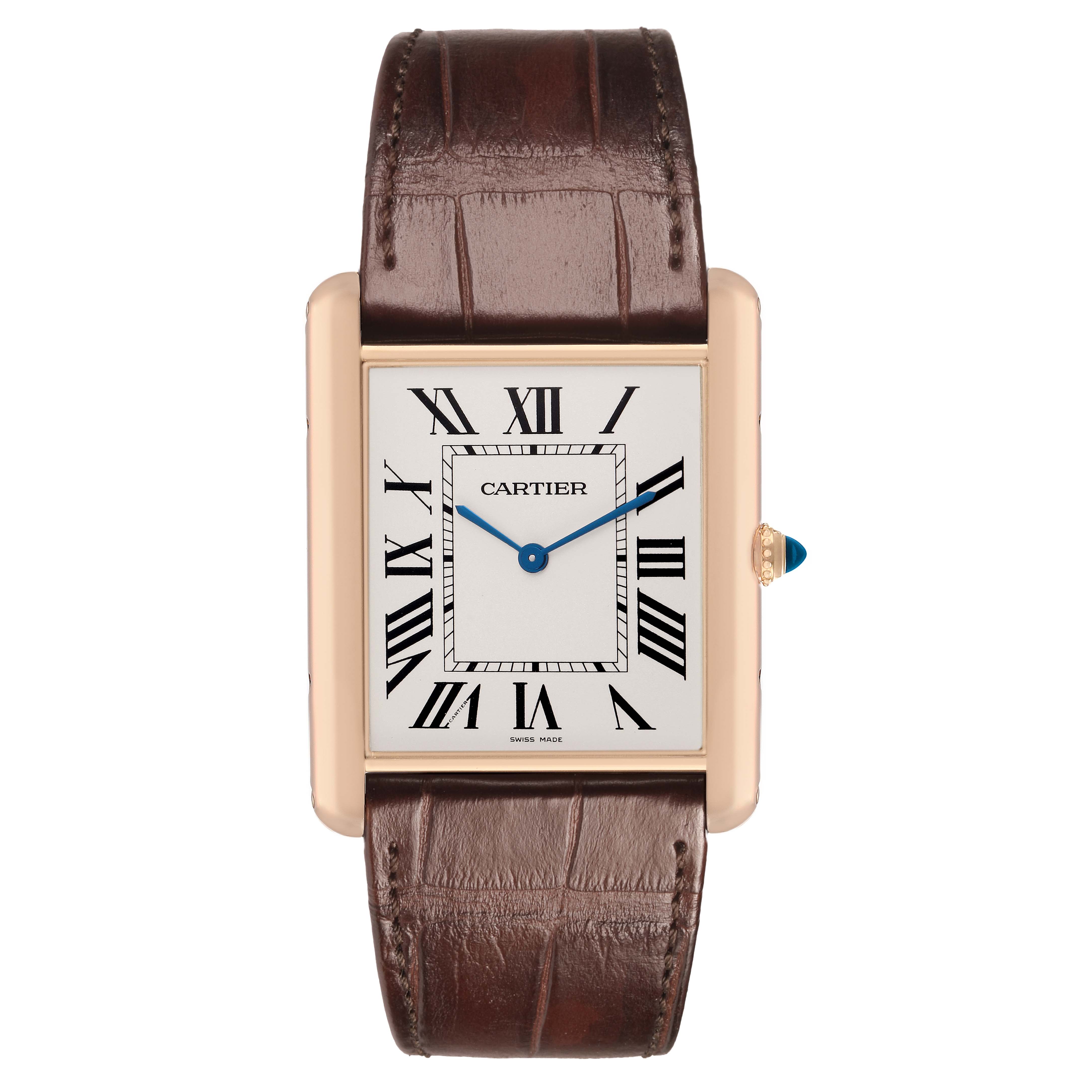 The Cartier Tank Louis W1560017 Men's Rose Gold Silver Dial watch is shown from the front, displaying its rectangular dial, Roman numerals, and brown leather strap.