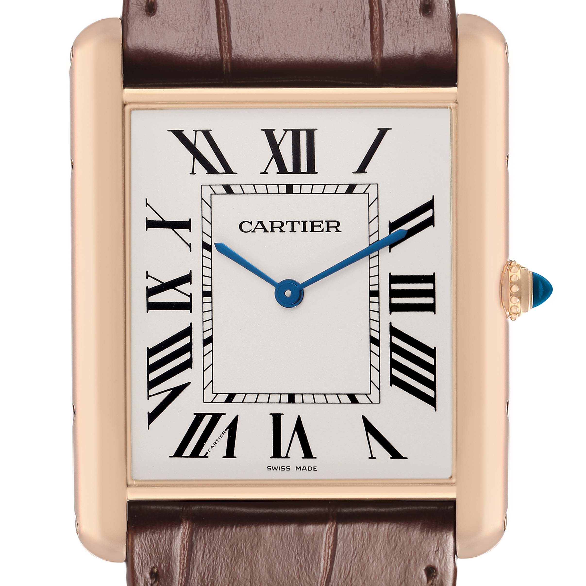 The Cartier Tank Louis W1560017 Men's Rose Gold Silver Dial watch is shown from the front, displaying its face, Roman numerals, blue hands, crown, and strap.
