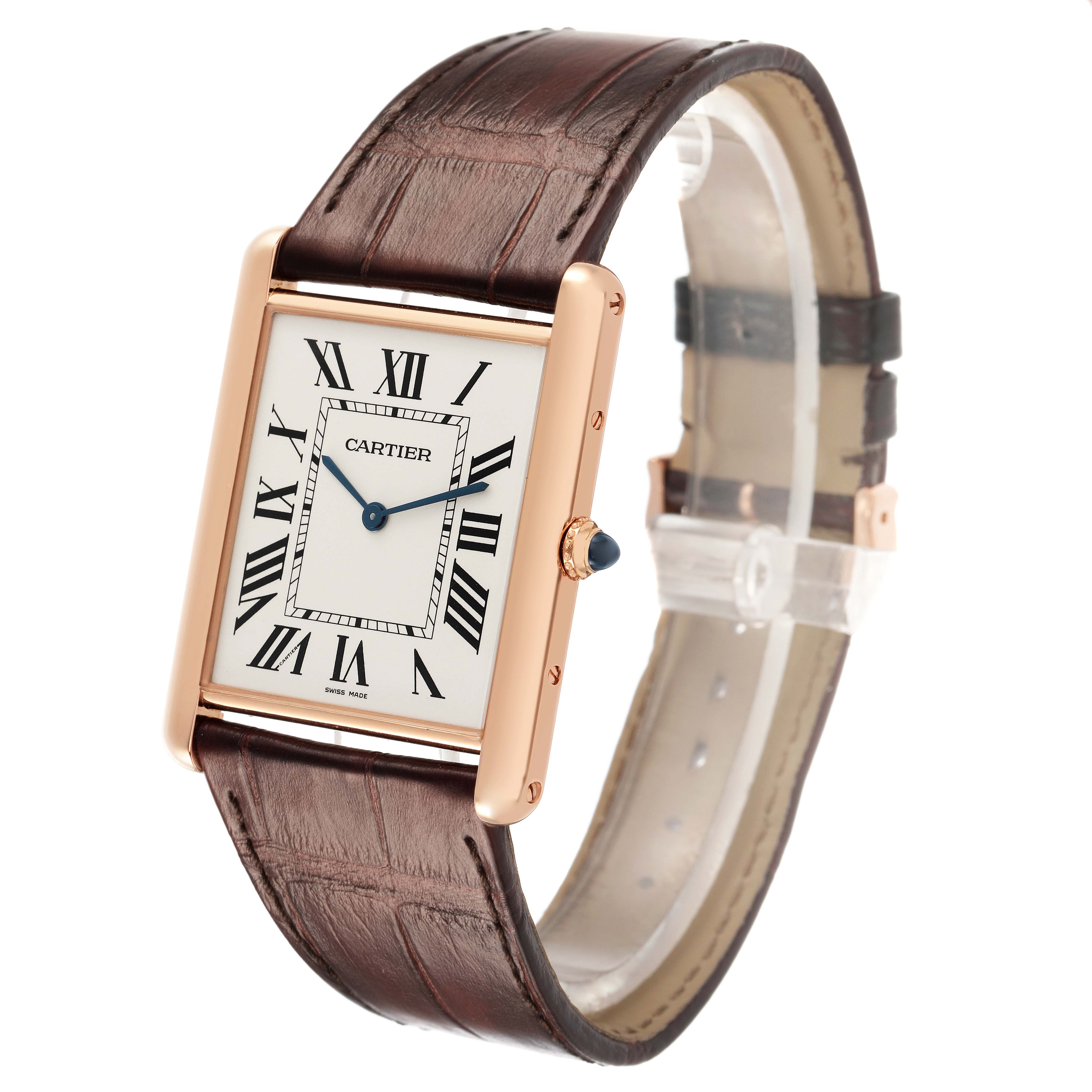The Cartier Tank Louis W1560017 Men's Rose Gold Silver Dial watch is shown at a three-quarter angle, highlighting the face, crown, and leather strap.