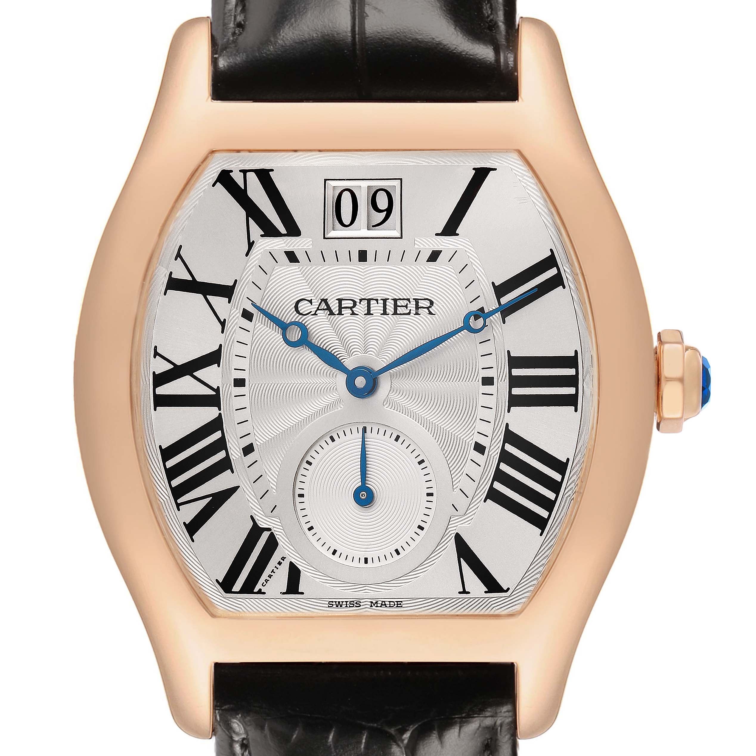 The Cartier Tortue W1556324 Men's Rose Gold Silver Dial watch is shown from the front, displaying the dial, Roman numerals, hands, and part of the strap.