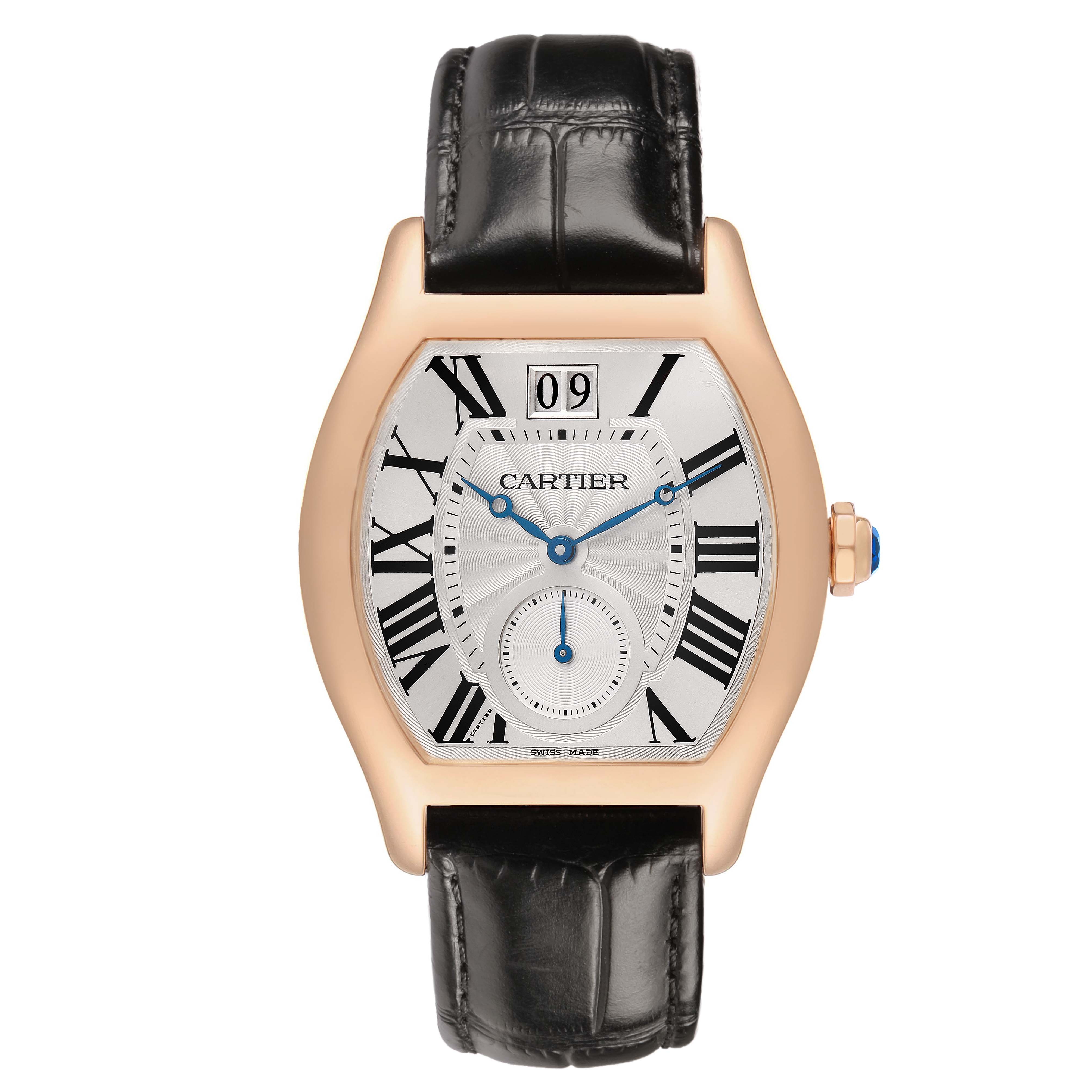 This Cartier Tortue W1556324 Men's Rose Gold Silver Dial watch is shown from a top-down angle, displaying the dial, Roman numerals, and leather strap.