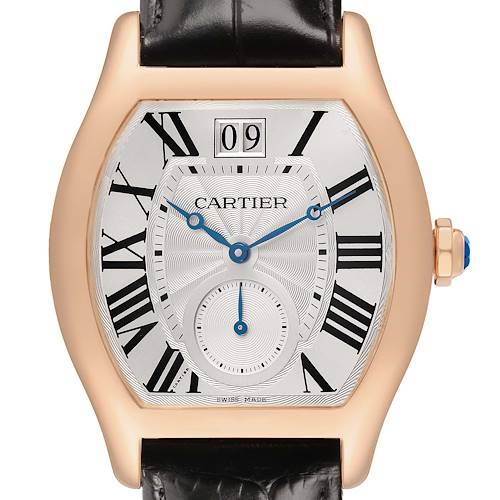 The Cartier Tortue W1556324 Men's Rose Gold Silver Dial watch is shown from a front angle, highlighting the dial, hands, case, and crown.