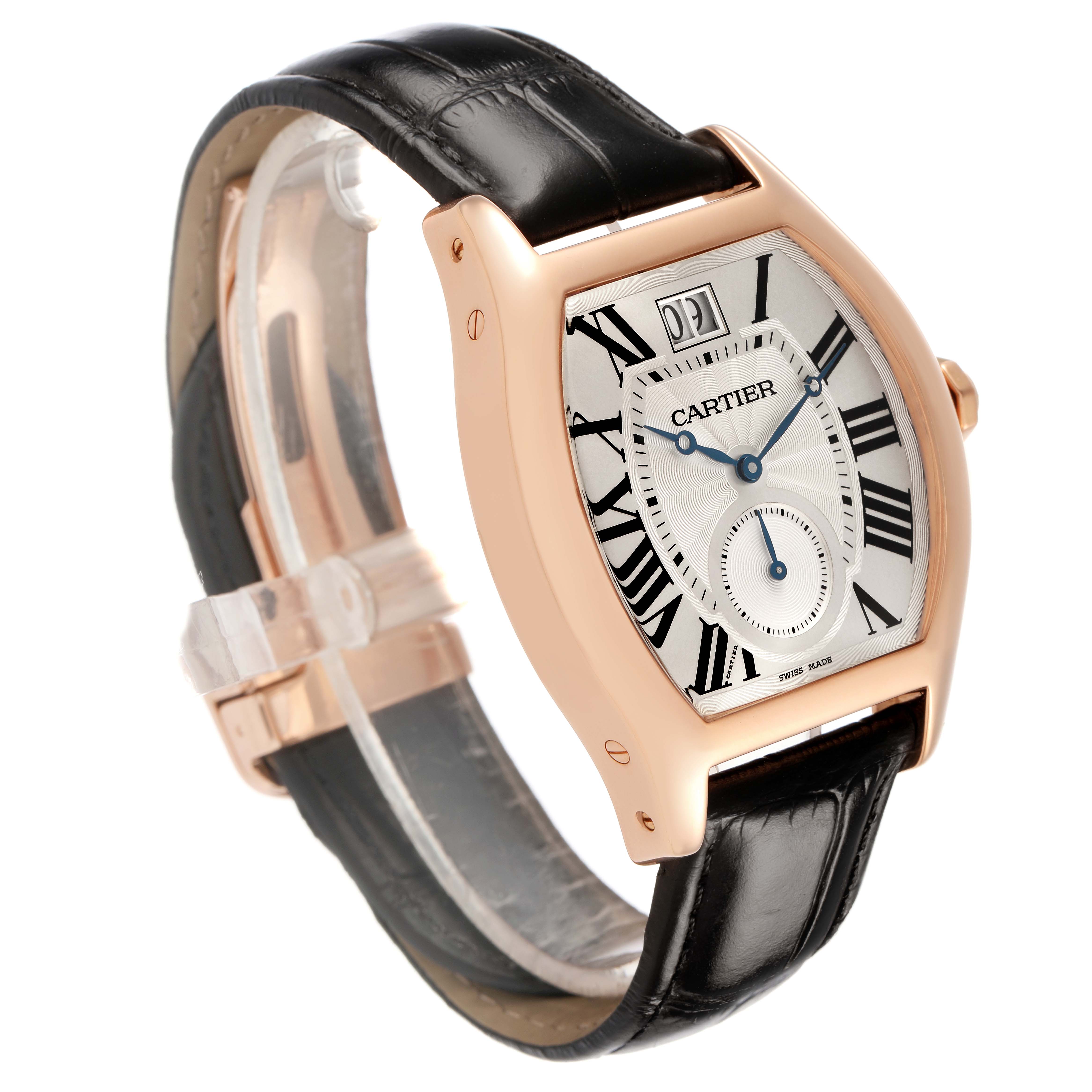 The Cartier Tortue W1556324 Men's Rose Gold Silver Dial watch is shown from a three-quarter angle, highlighting the case, dial, and leather strap.