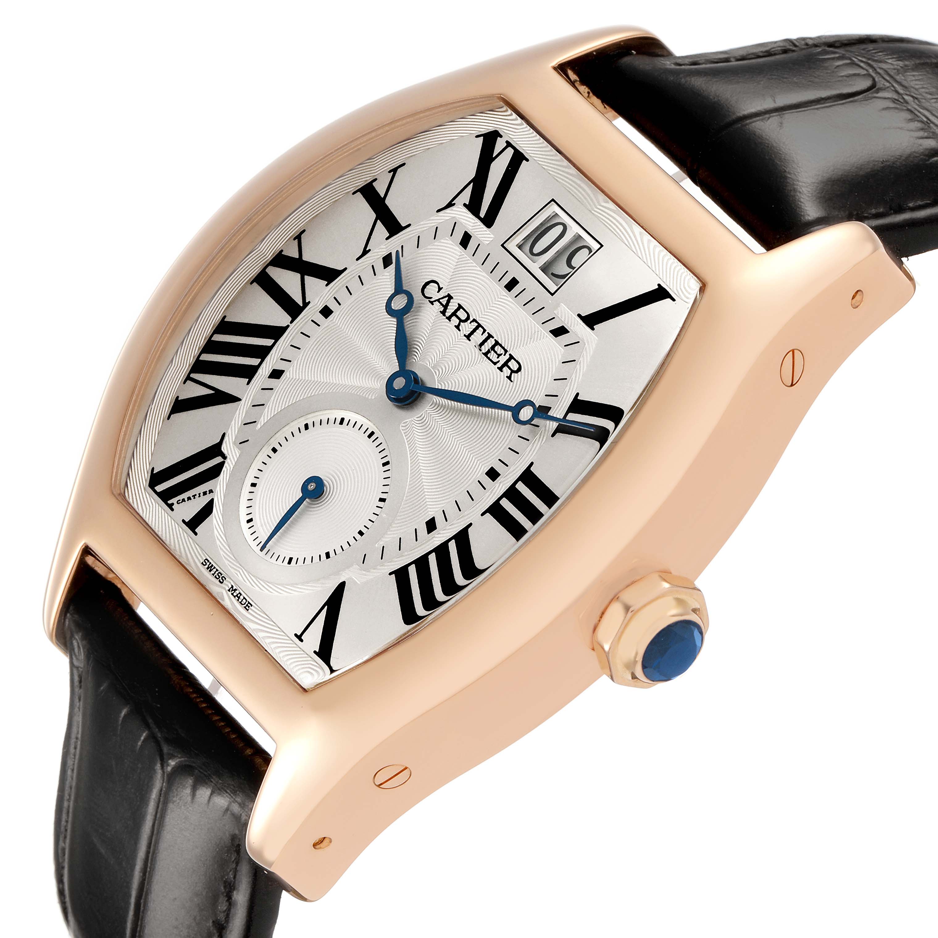 The Cartier Tortue W1556324 Men's Rose Gold Silver Dial watch is shown at a side angle, displaying the dial, Roman numerals, crown, and leather strap.