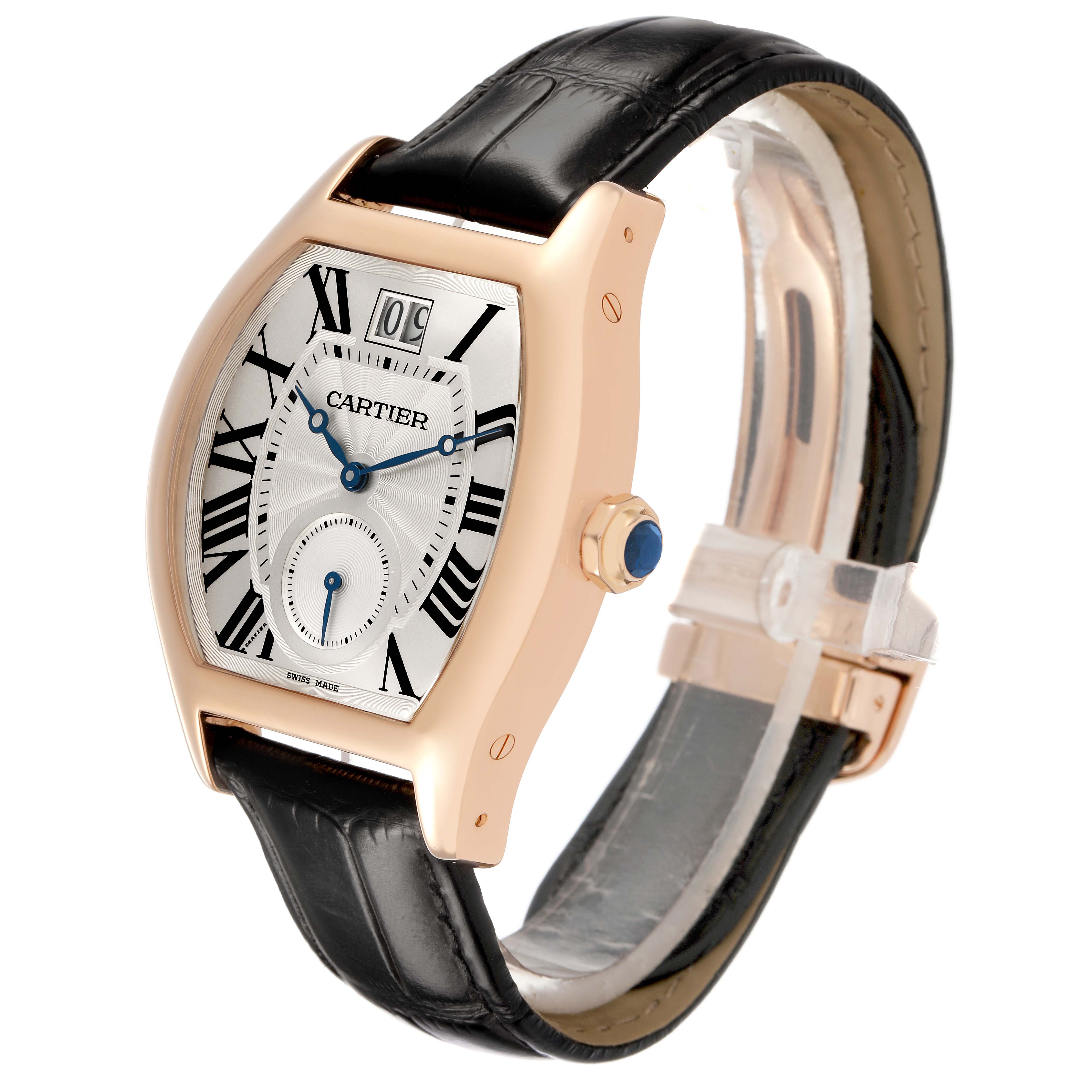 The Cartier Tortue W1556324 Men's Rose Gold Silver Dial watch is shown at a three-quarter angle, highlighting the face, crown, and strap.