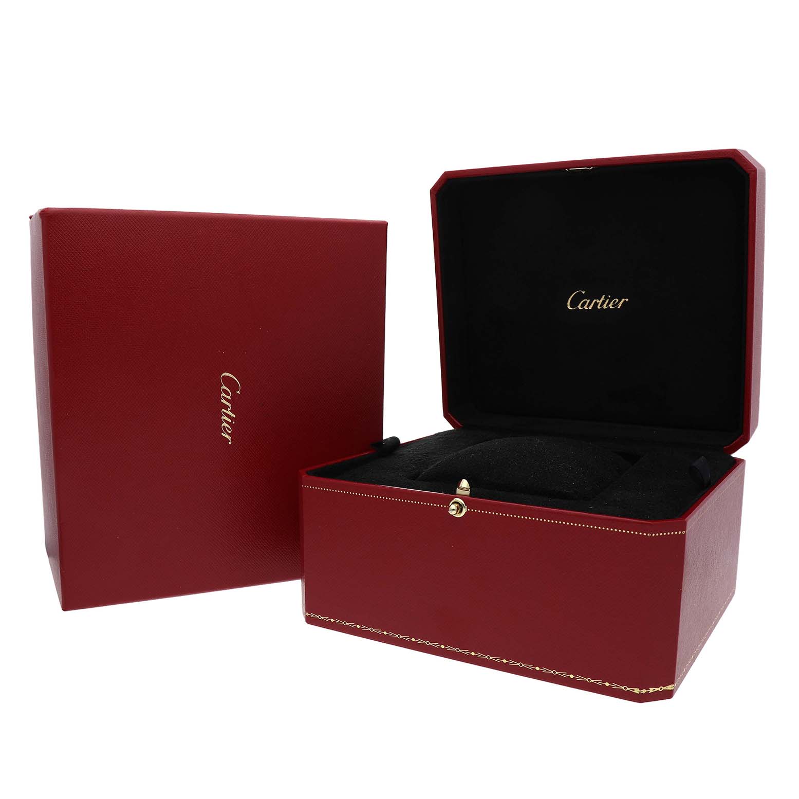 The image shows a Cartier Tortue W1556324 Men's Rose Gold Silver Dial watch box at an angle, displaying its red exterior and open black interior.
