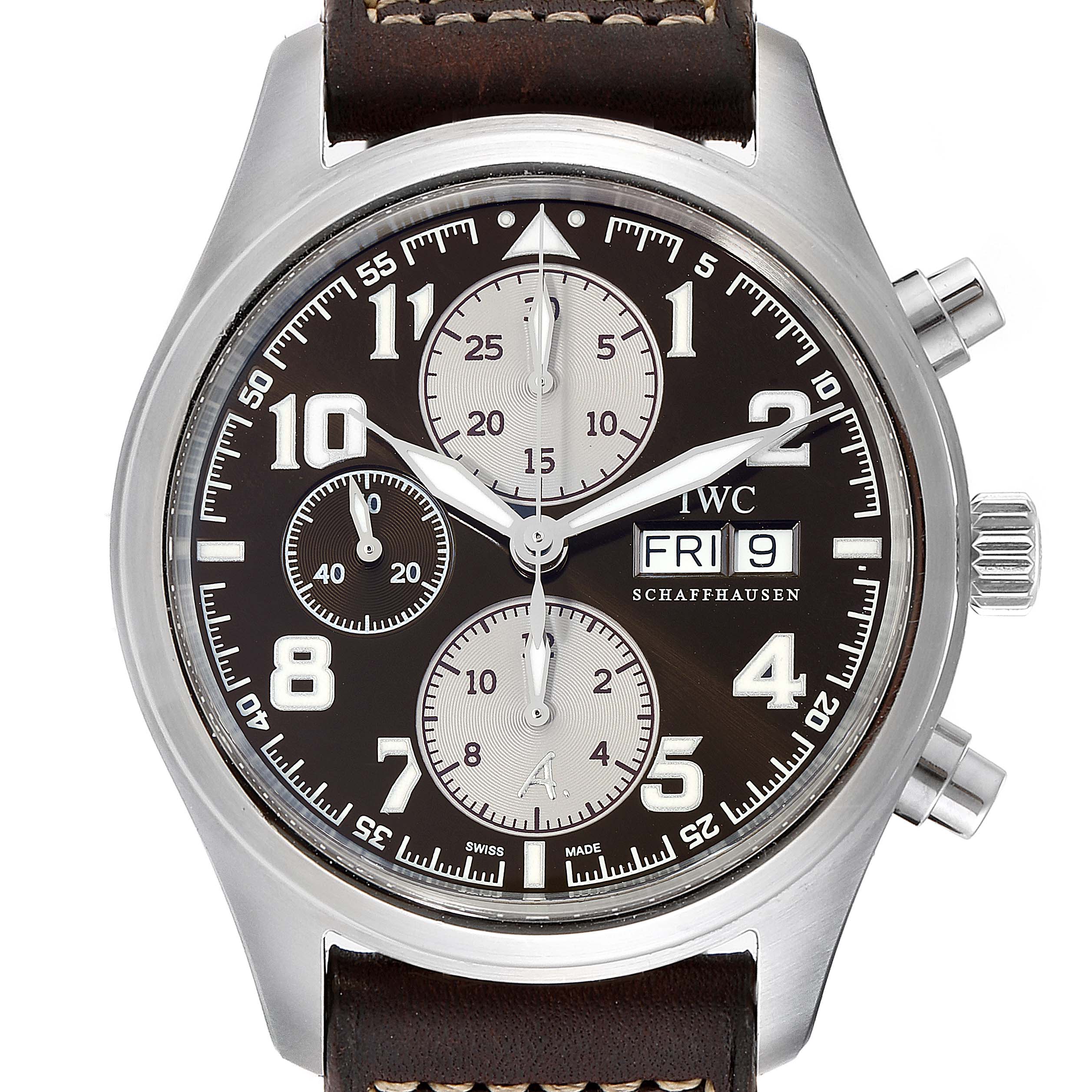 The image shows a front view of the IWC Pilot IW371709 Men's Stainless Steel Brown Dial IW371709 Men's Stainless Steel Brown Dial model watch, highlighting its dial, case, and leather strap.
