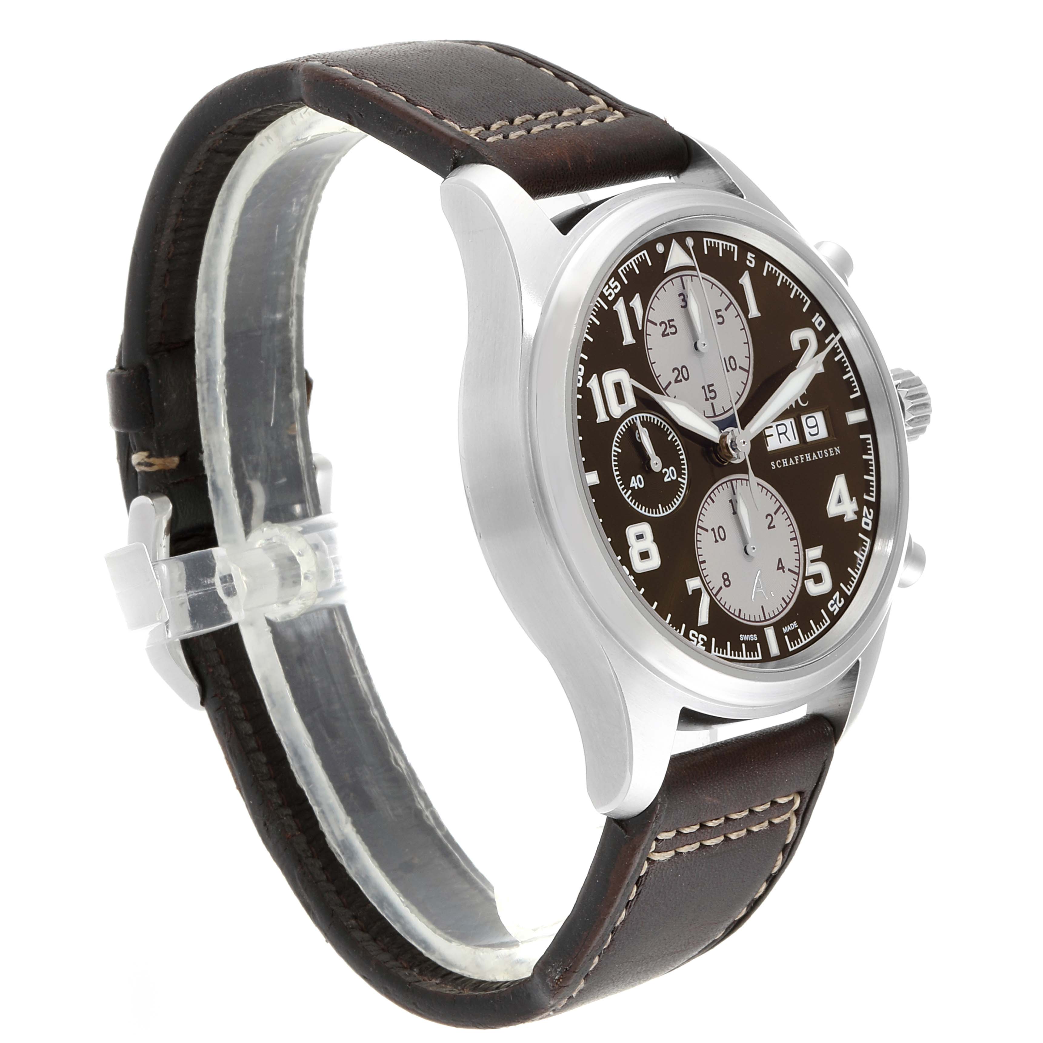 The image shows a side view angle of an IWC Pilot IW371709 Men's Stainless Steel Brown Dial IW371709 Men's Stainless Steel Brown Dial watch model with its brown leather strap and chronograph dials visible.