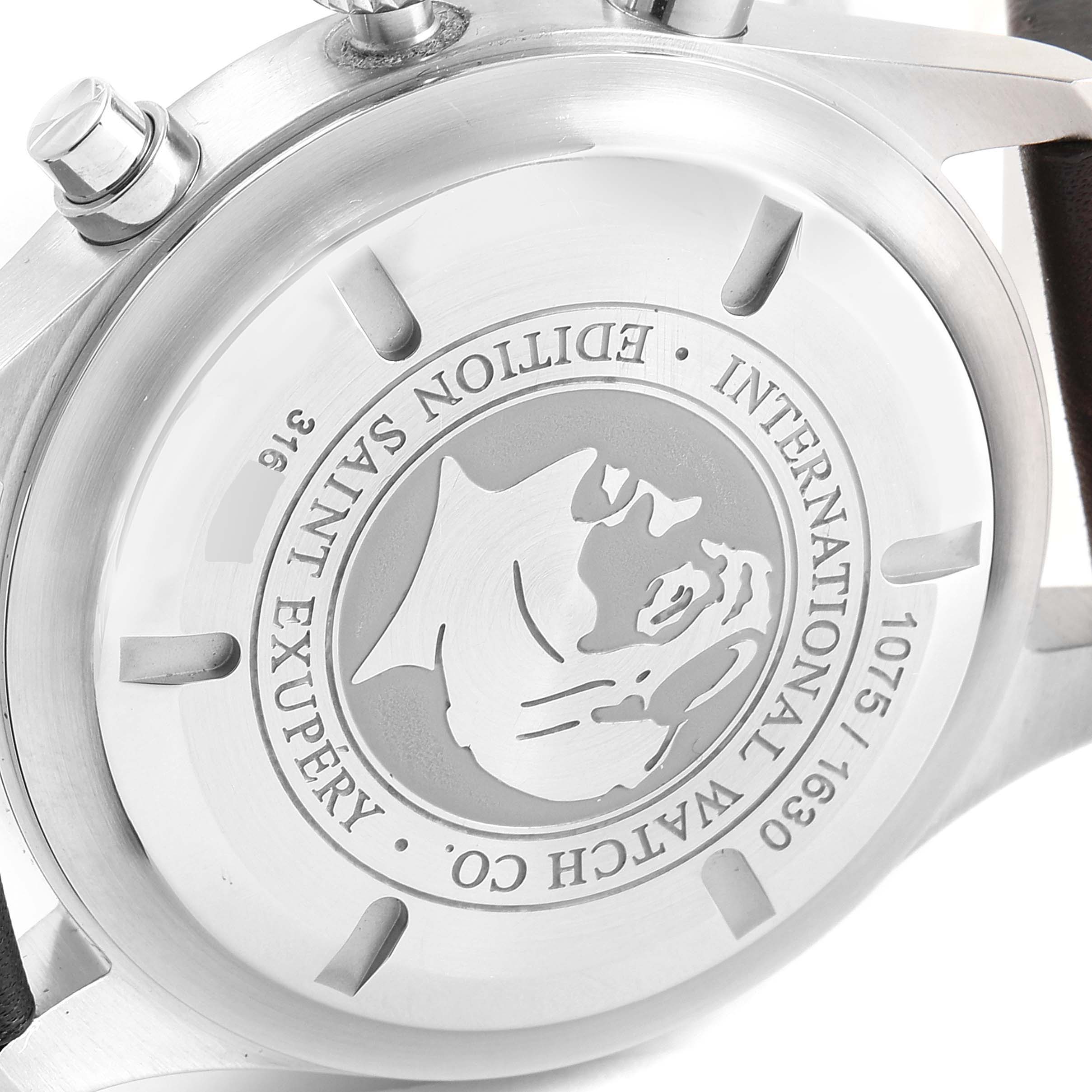 The image shows the engraved case back of the IWC Pilot IW371709 Men's Stainless Steel Brown Dial IW371709 Men's Stainless Steel Brown Dial model watch.