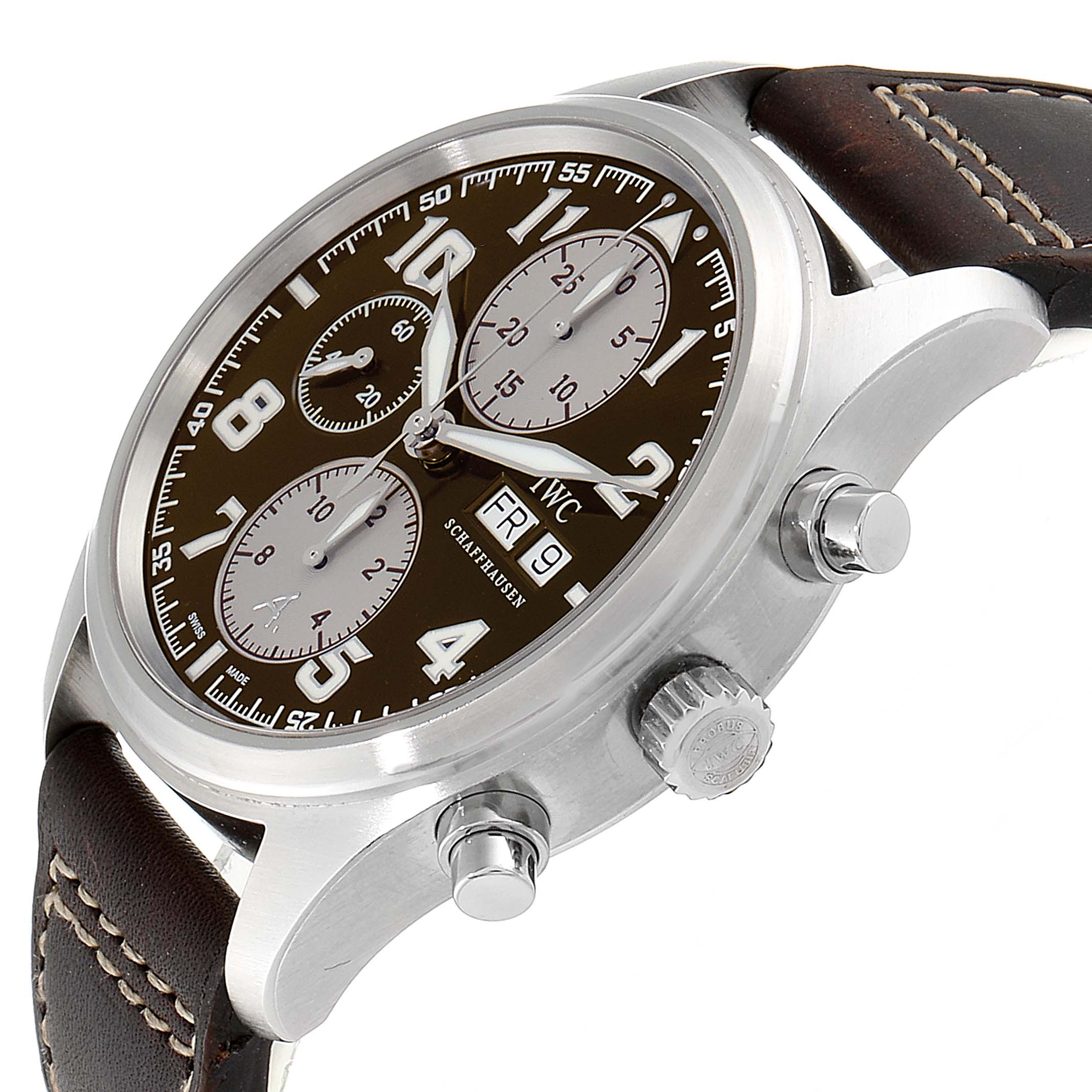 The IWC Pilot IW371709 Men's Stainless Steel Brown Dial IW371709 Men's Stainless Steel Brown Dial model watch is shown at an angled side view displaying its dial, crown, pushers, and leather strap.