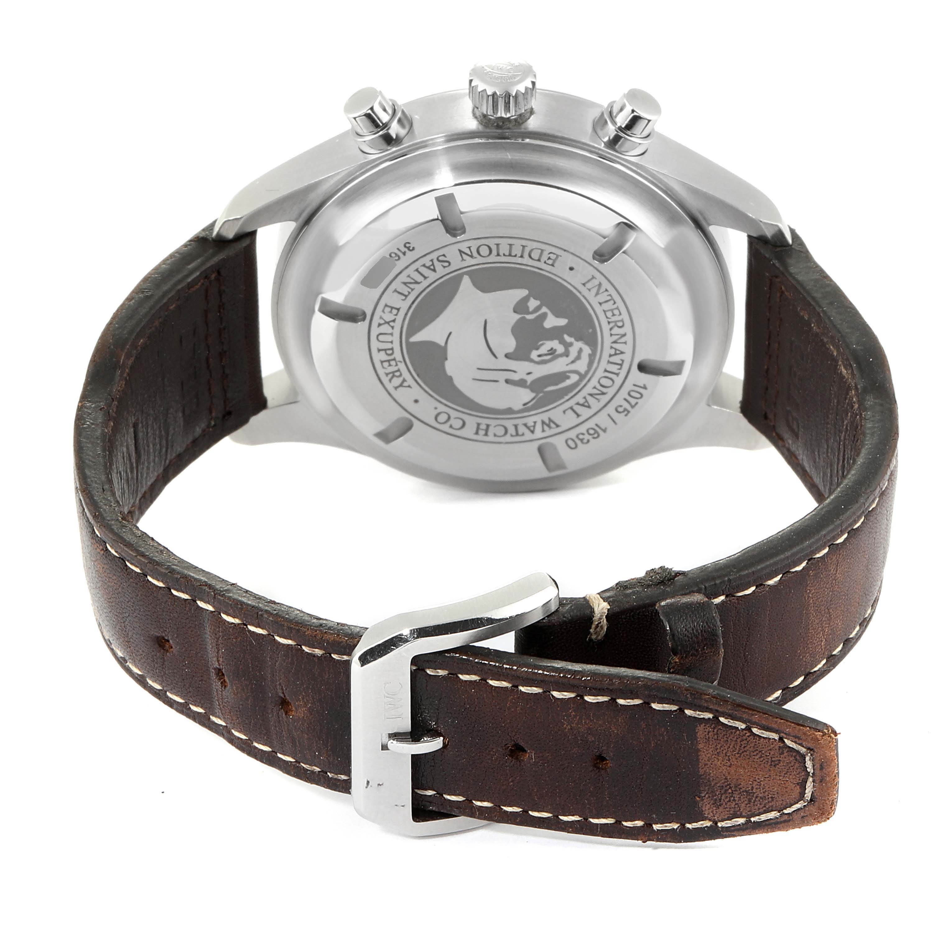 The image shows the back view of an IWC Pilot IW371709 Men's Stainless Steel Brown Dial IW371709 Men's Stainless Steel Brown Dial watch, displaying its case back and leather strap with buckle.