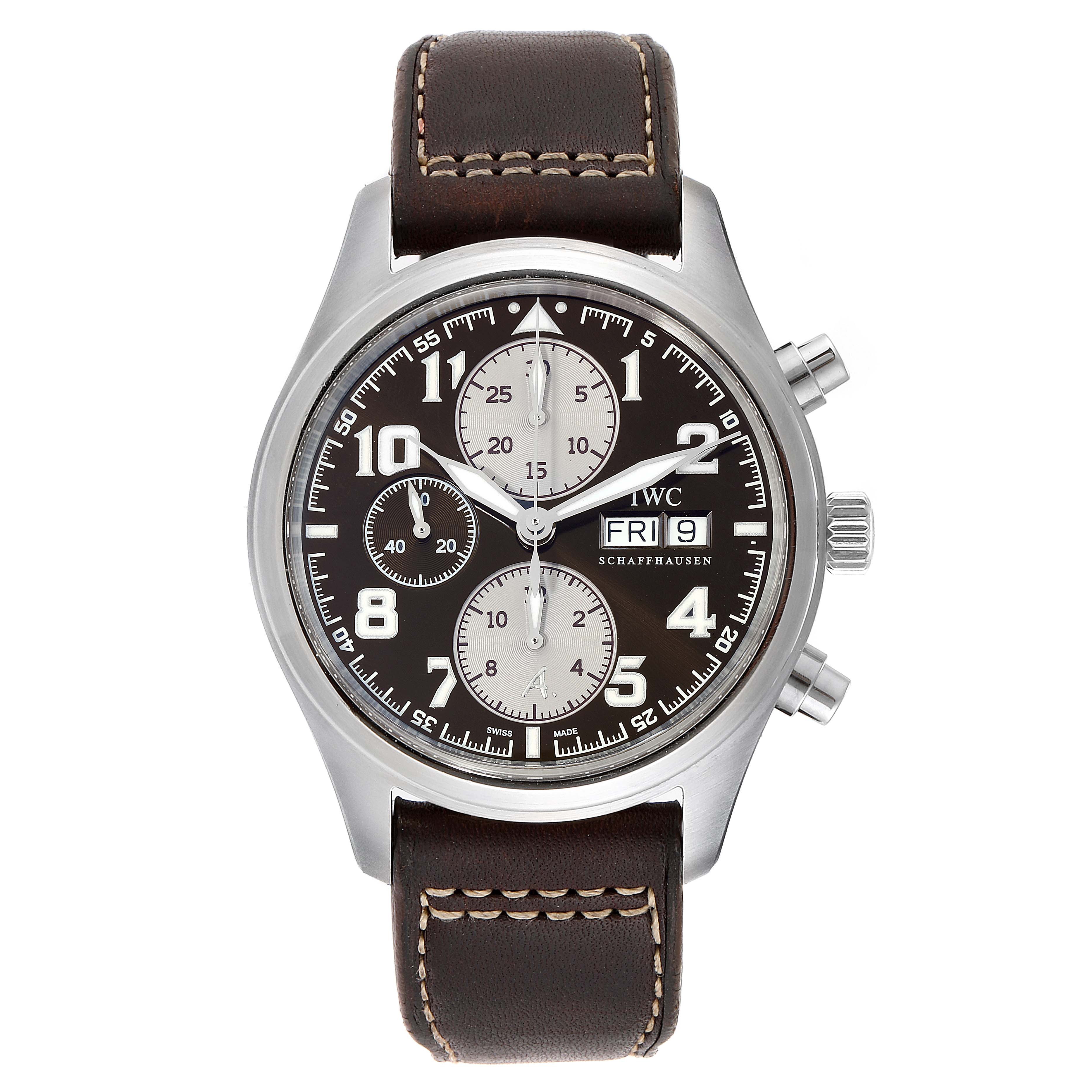 The image shows a front view of an IWC Pilot IW371709 Men's Stainless Steel Brown Dial IW371709 Men's Stainless Steel Brown Dial watch, displaying its dial, chronographs, and leather strap.