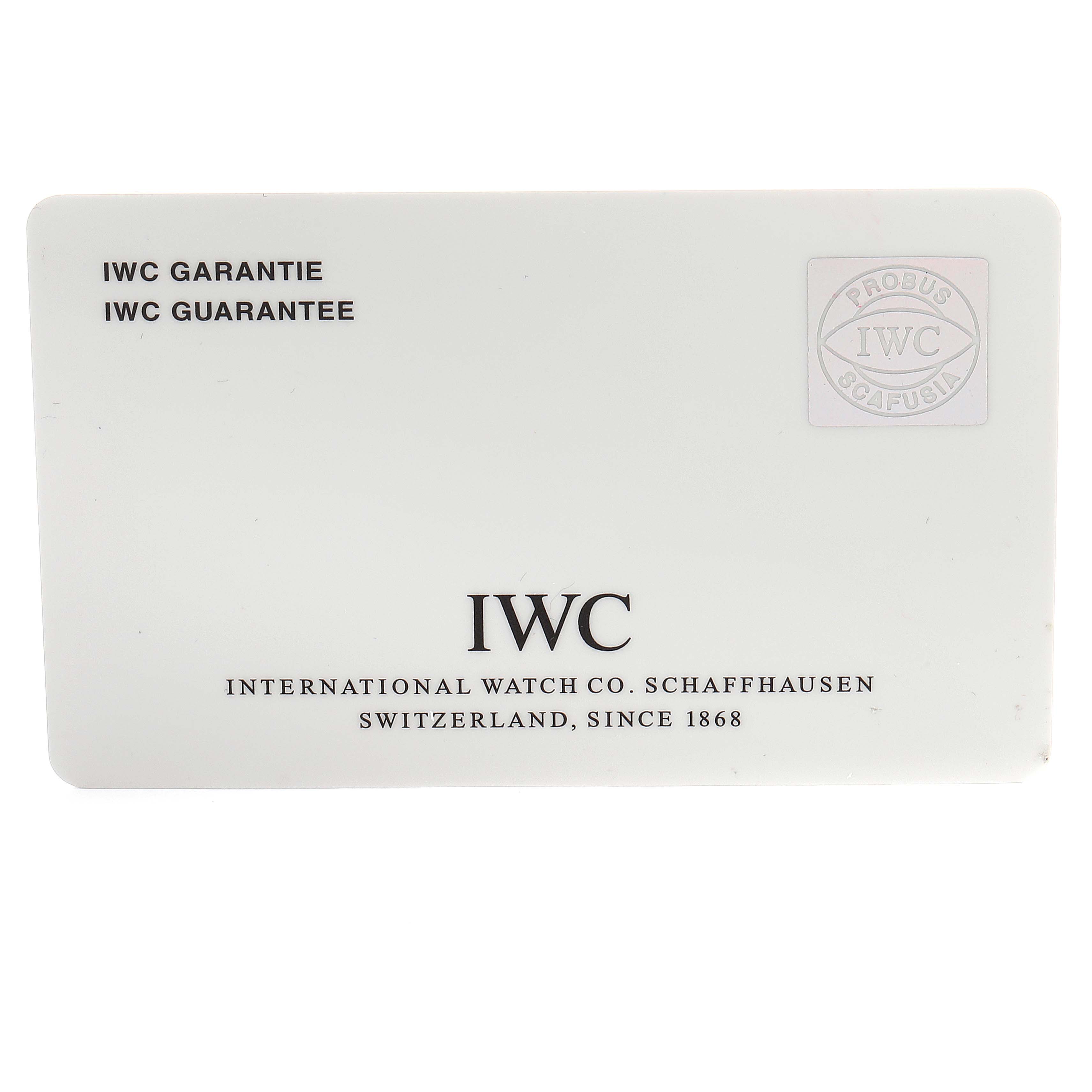 This is the guarantee card for an IWC Pilot IW371709 Men's Stainless Steel Brown Dial IW371709 Men's Stainless Steel Brown Dial model watch, showing the brand name and warranty information.