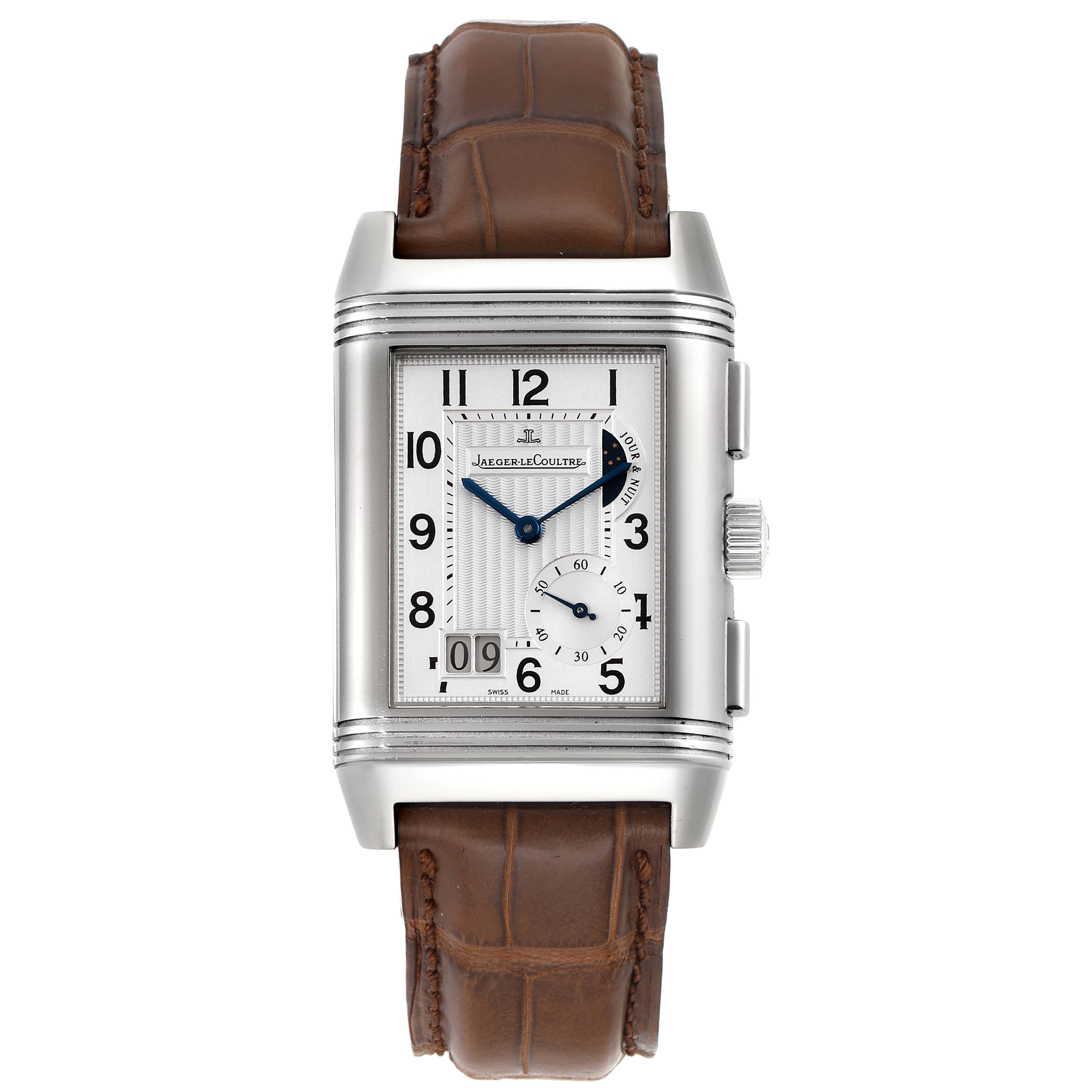 The image shows a front view of a Jaeger LeCoultre Reverso Q3028420 Men's Stainless Steel Silver Dial Q3028420 Men's Stainless Steel Silver Dial watch with a silver rectangular case and a brown leather strap.