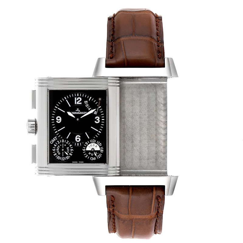 The image shows a Jaeger-LeCoultre Reverso watch at an angle displaying its unique reversible case and black dial.