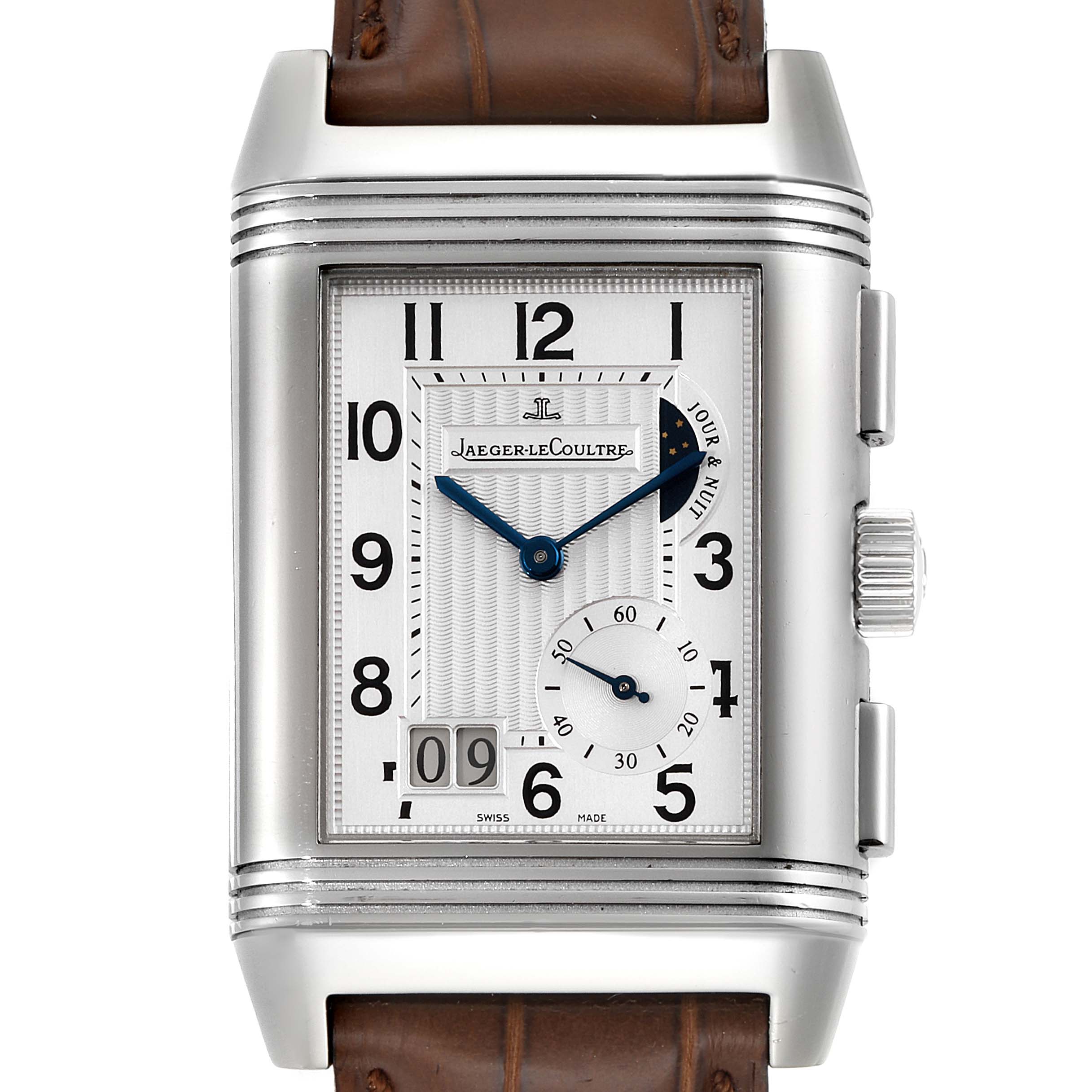 The image shows a front view of a Jaeger LeCoultre Reverso Q3028420 Men's Stainless Steel Silver Dial Q3028420 Men's Stainless Steel Silver Dial watch, displaying the dial, hands, sub-dial, and crown.