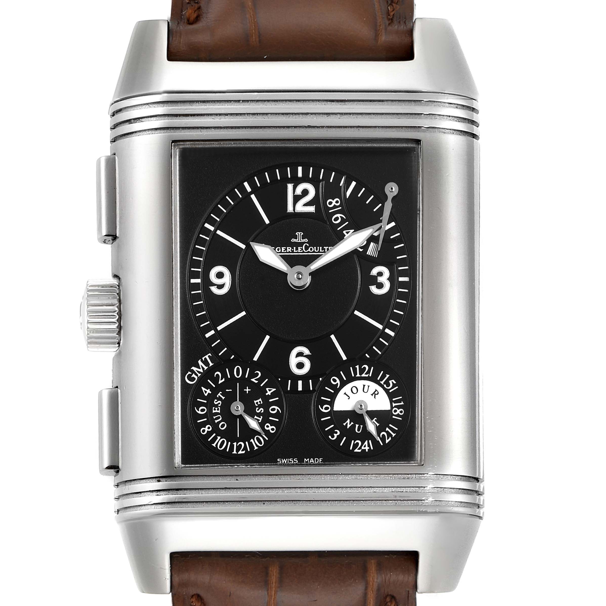 The image shows a front view of the Jaeger LeCoultre Reverso Q3028420 Men's Stainless Steel Silver Dial Q3028420 Men's Stainless Steel Silver Dial watch, highlighting its face, sub-dials, and brown leather strap.