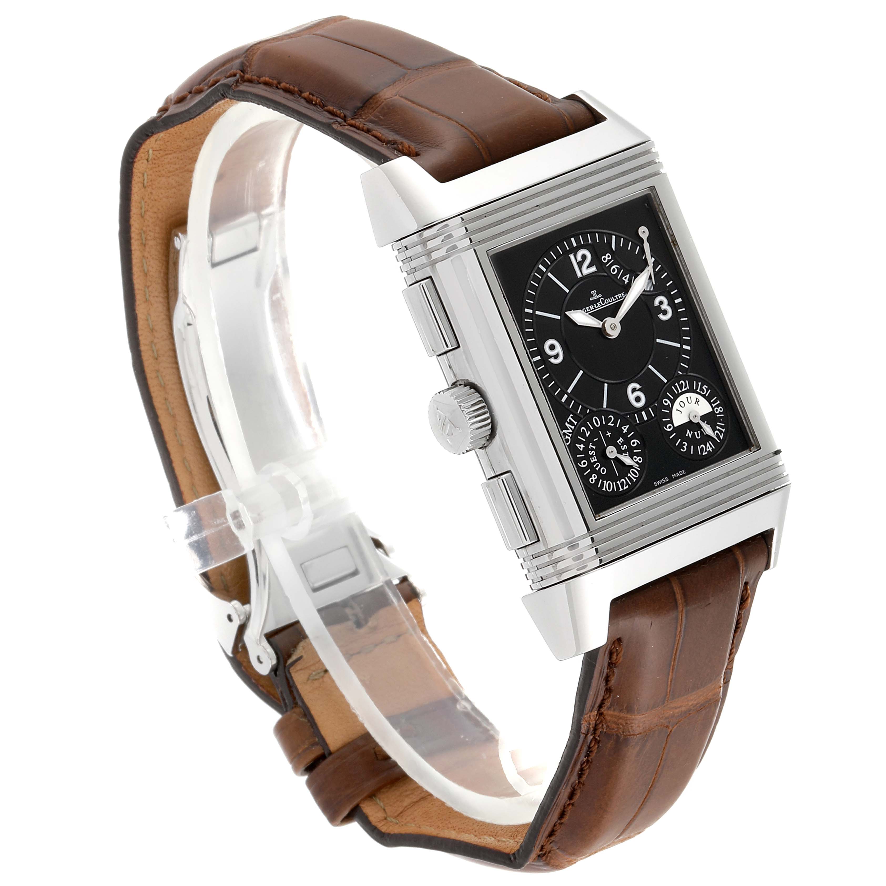 The image shows a side angle of the Jaeger LeCoultre Reverso Q3028420 Men's Stainless Steel Silver Dial Q3028420 Men's Stainless Steel Silver Dial watch, highlighting its rectangular black dial and brown leather strap.