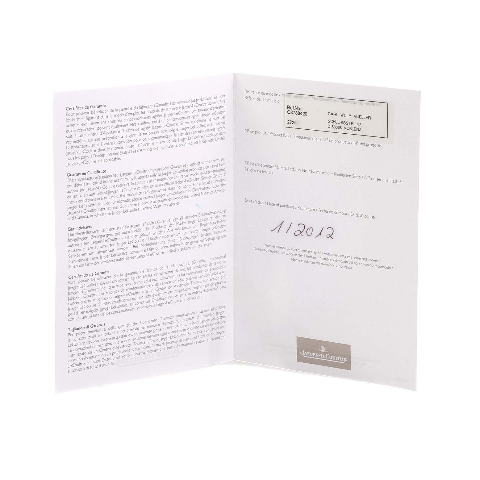 The image shows an open warranty card booklet for a Jaeger LeCoultre Reverso Q3738420 / 273.8.04 Men's Stainless Steel Silver Dial watch.